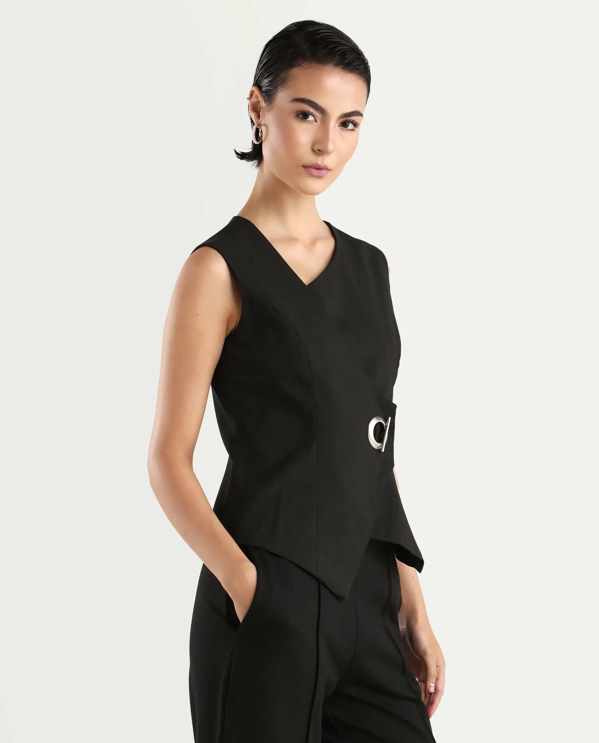Rareism Women's Achilles Black Cotton Blend Asymmetric Neck Plain Sleeveless Regular Fitted Top - Image 6