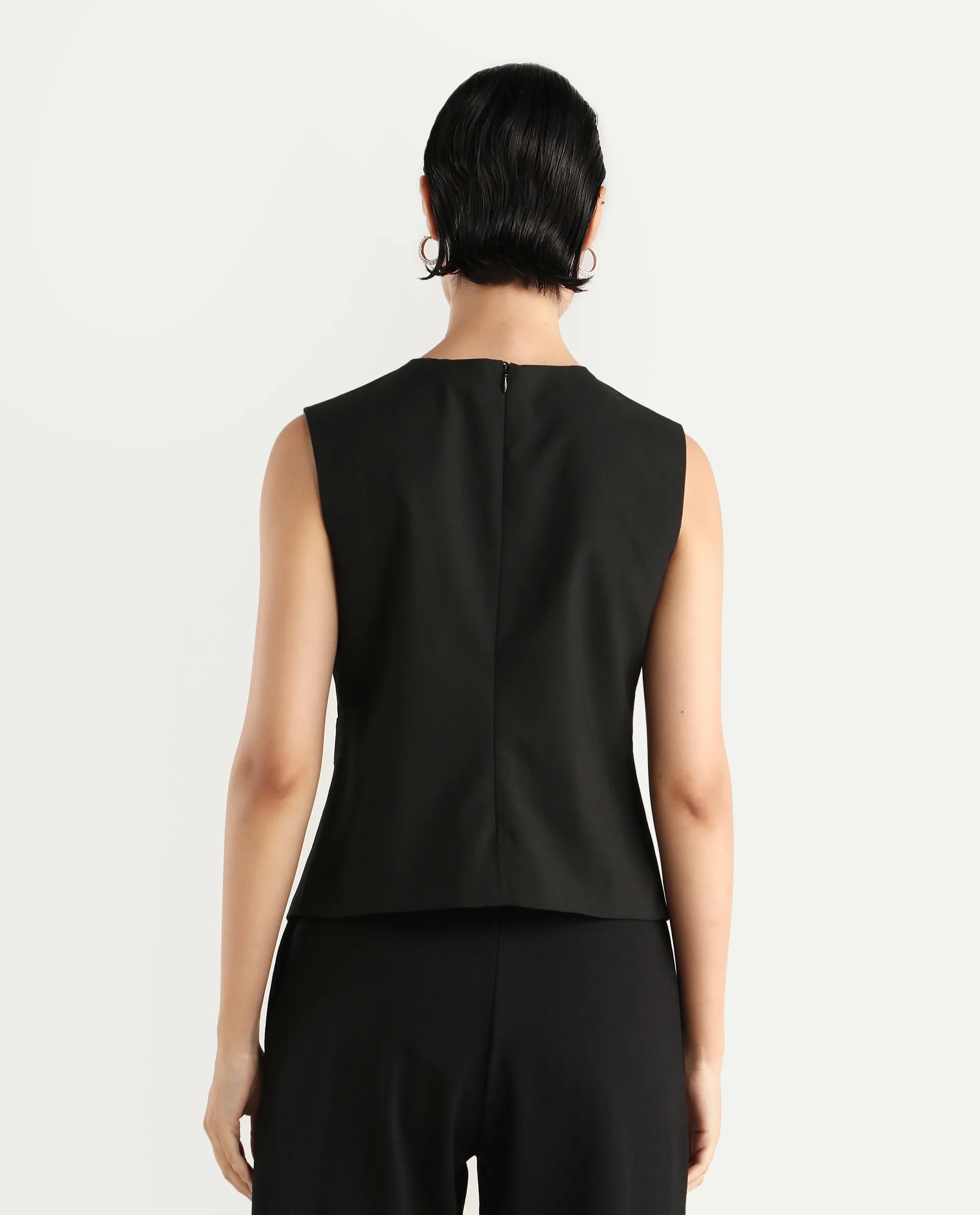 Rareism Women's Achilles Black Cotton Blend Asymmetric Neck Plain Sleeveless Regular Fitted Top - Image 7