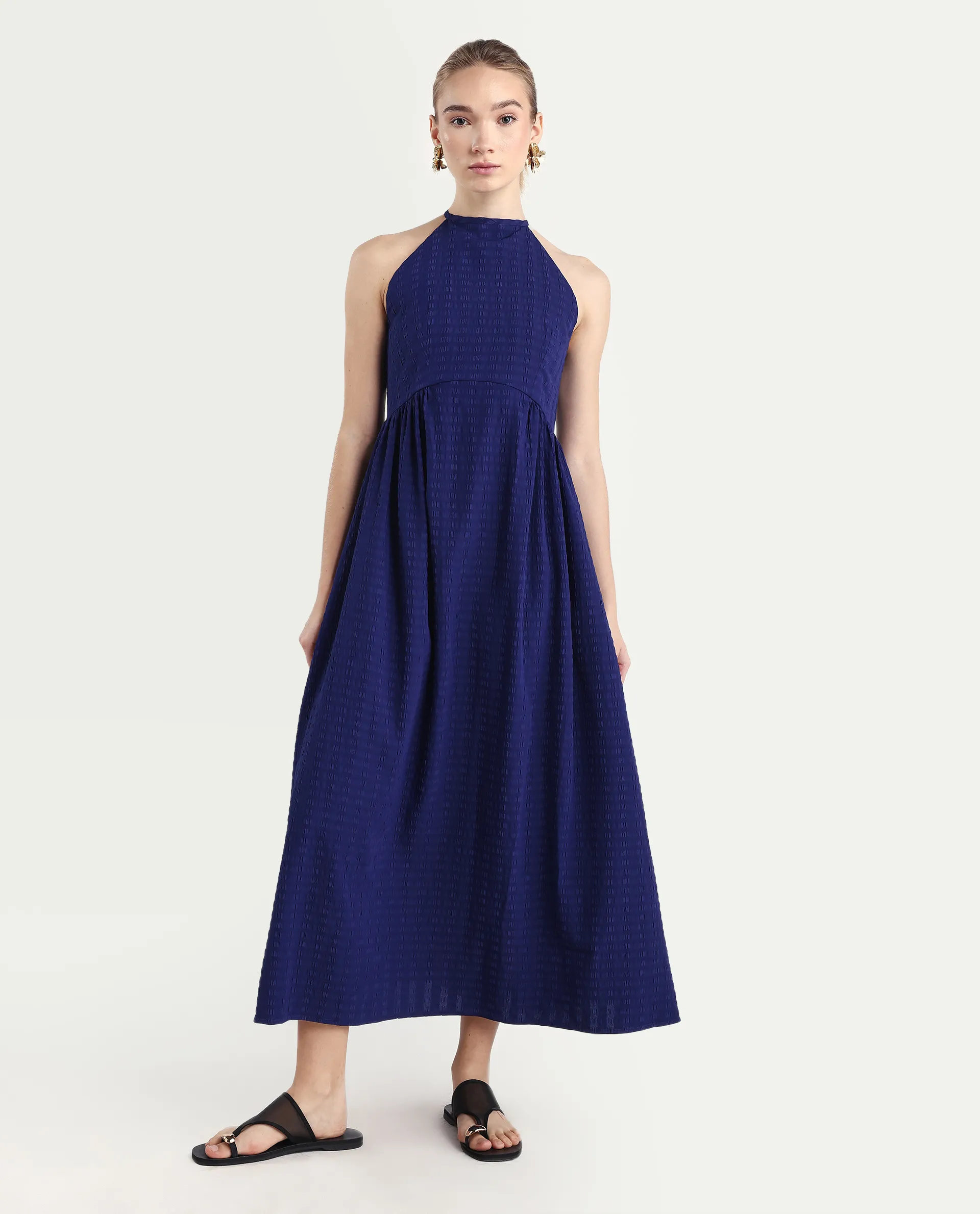Rareism Women's Acina Blue Polyester Sleeveless Fit And Flare Plain Dress - Image 2