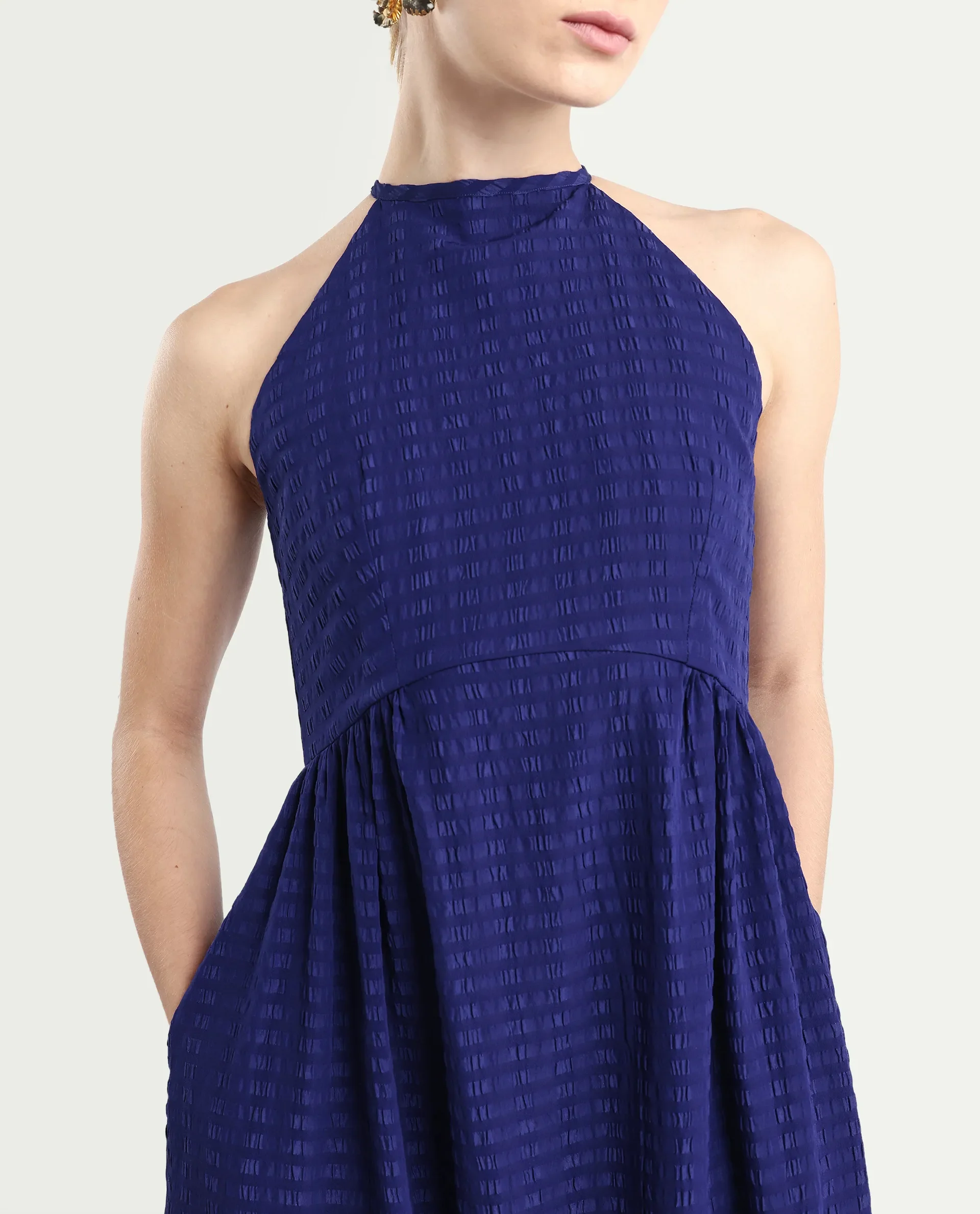 Rareism Women's Acina Blue Polyester Sleeveless Fit And Flare Plain Dress - Image 3