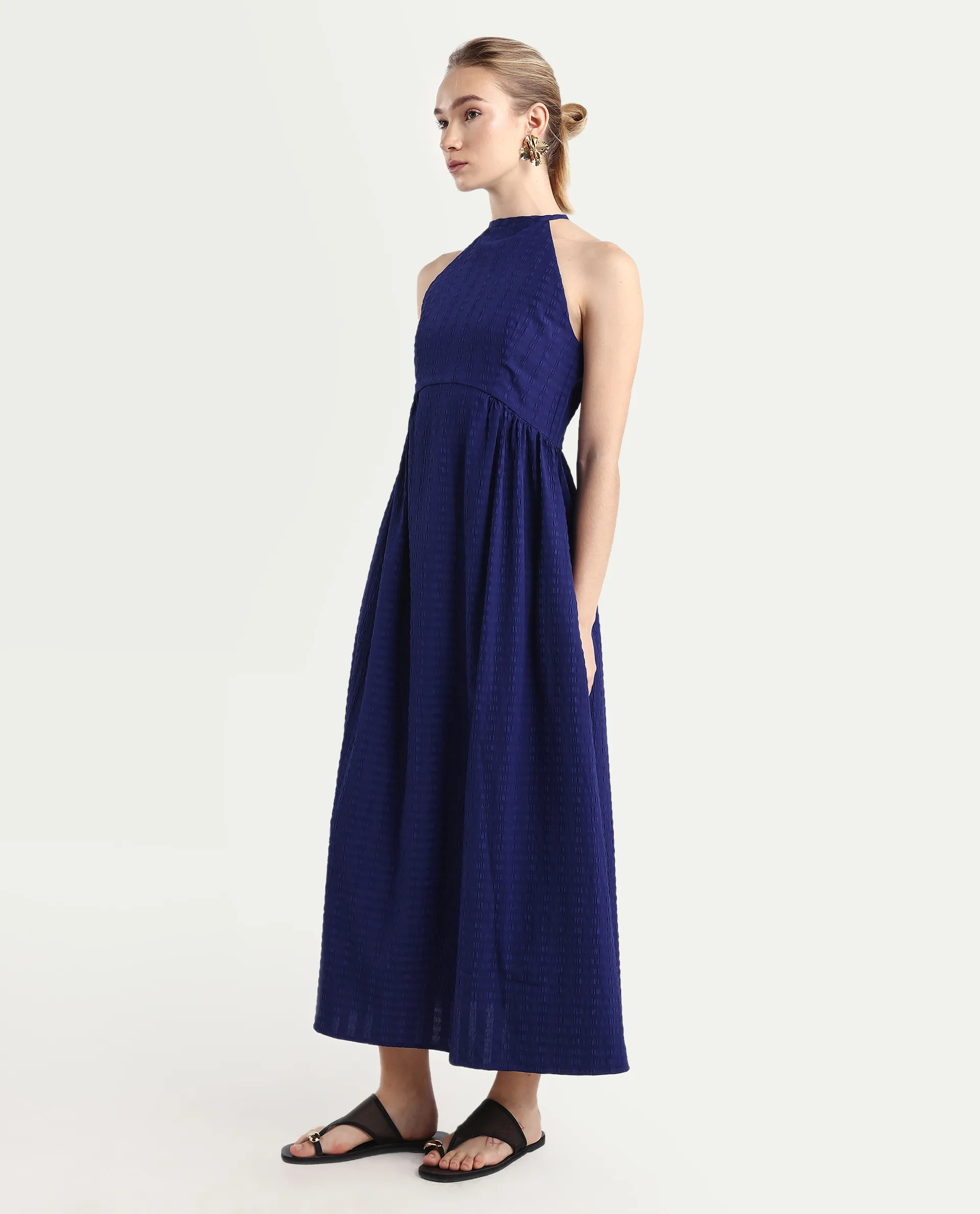 Rareism Women's Acina Blue Polyester Sleeveless Fit And Flare Plain Dress - Image 4