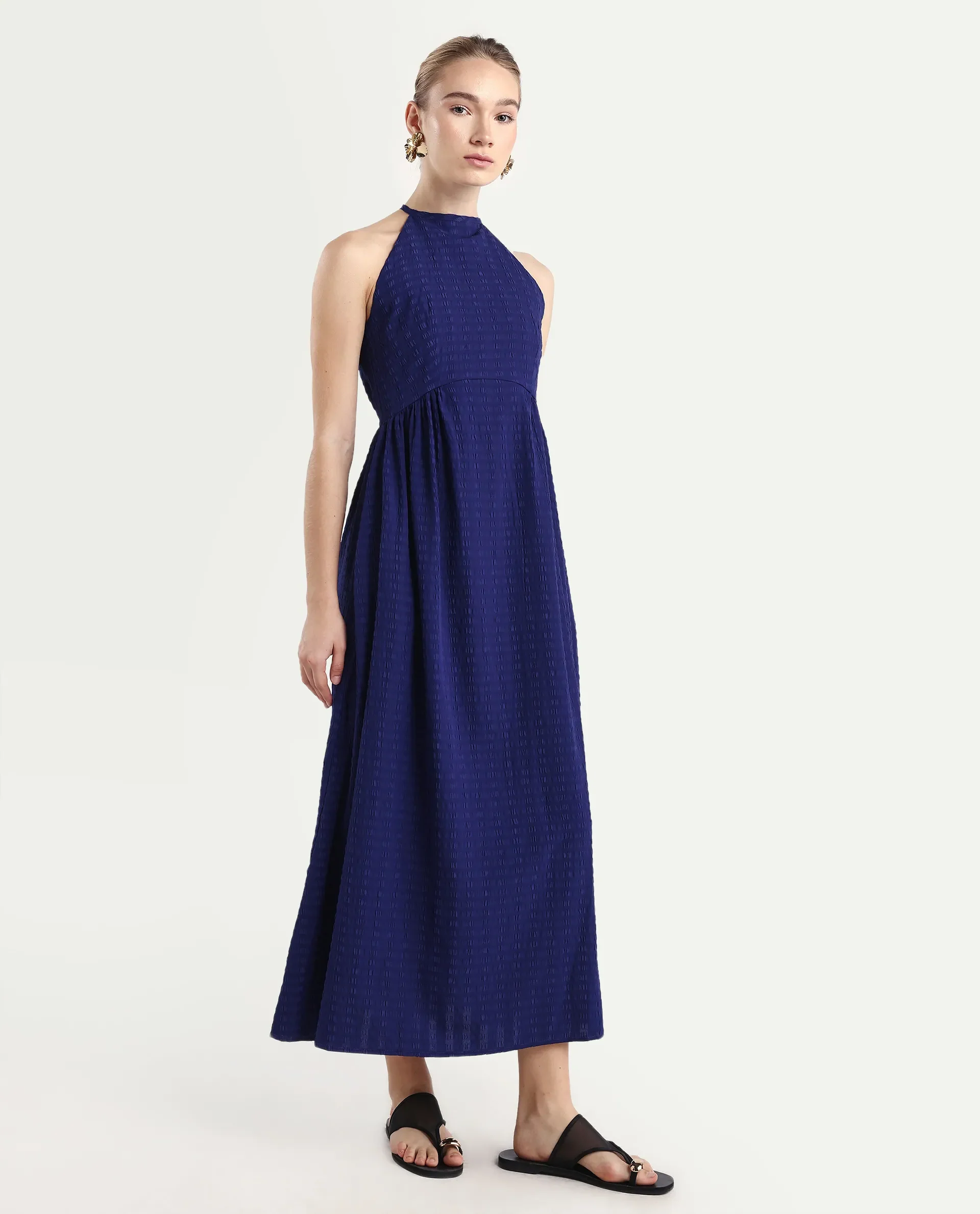 Rareism Women's Acina Blue Polyester Sleeveless Fit And Flare Plain Dress - Image 5