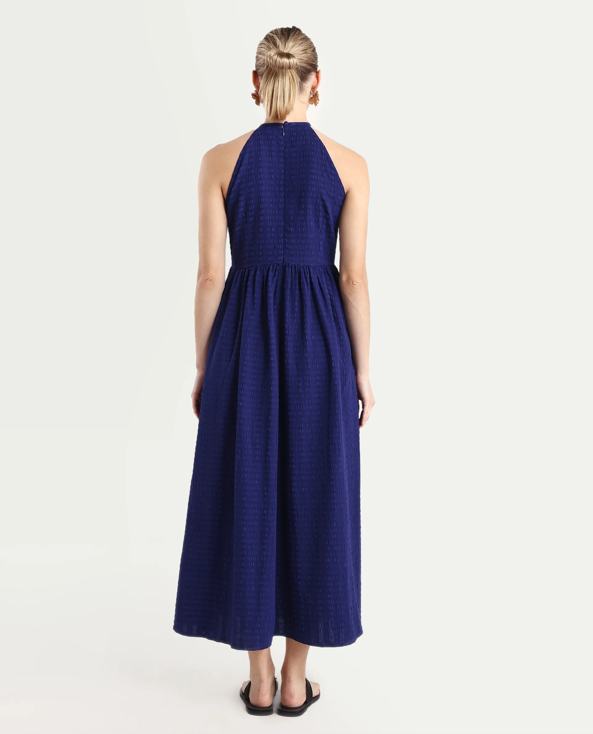 Rareism Women's Acina Blue Polyester Sleeveless Fit And Flare Plain Dress - Image 6