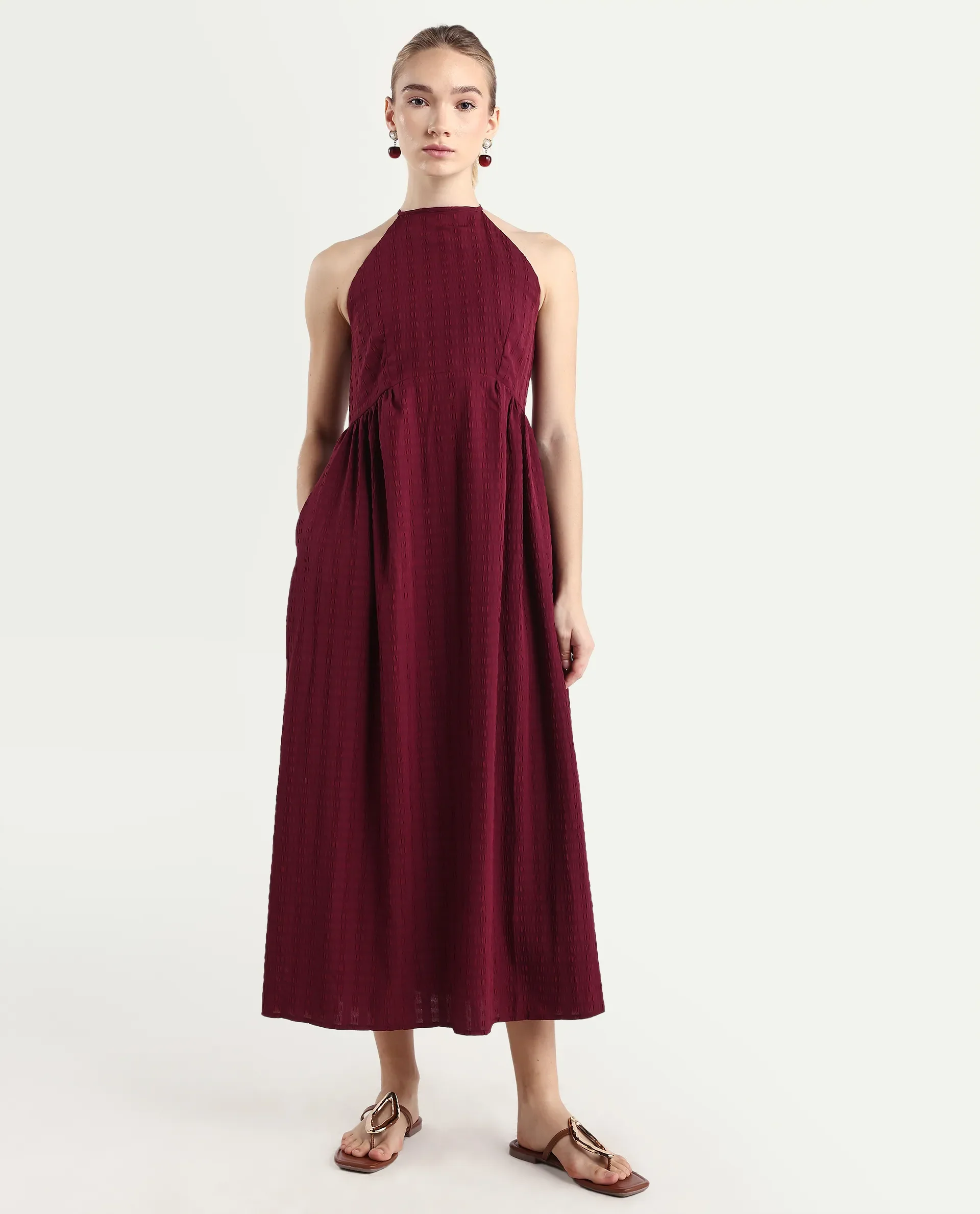 Rareism Women's Acina Maroon Polyester Sleeveless Fit And Flare Plain Dress - Image 2