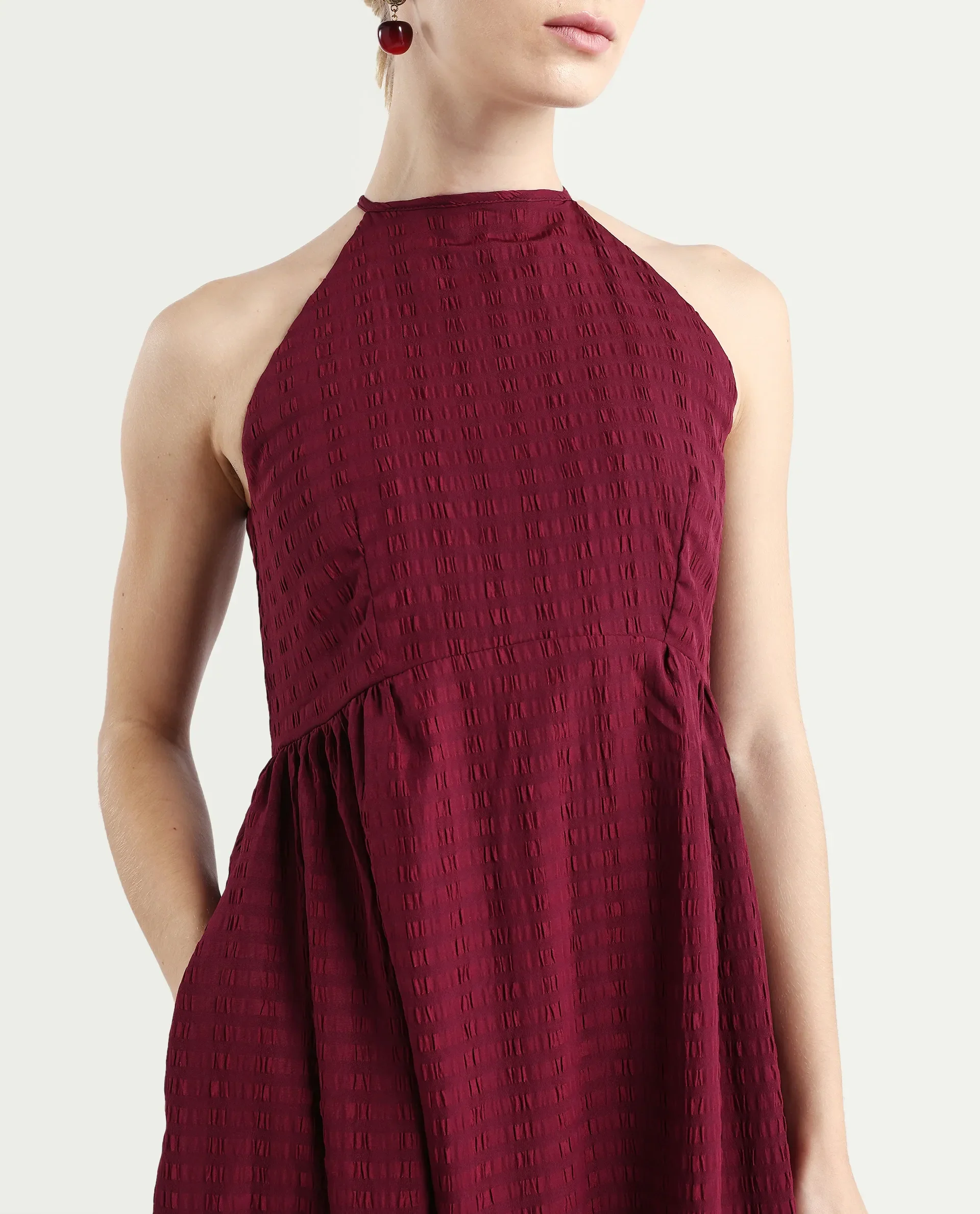 Rareism Women's Acina Maroon Polyester Sleeveless Fit And Flare Plain Dress - Image 3