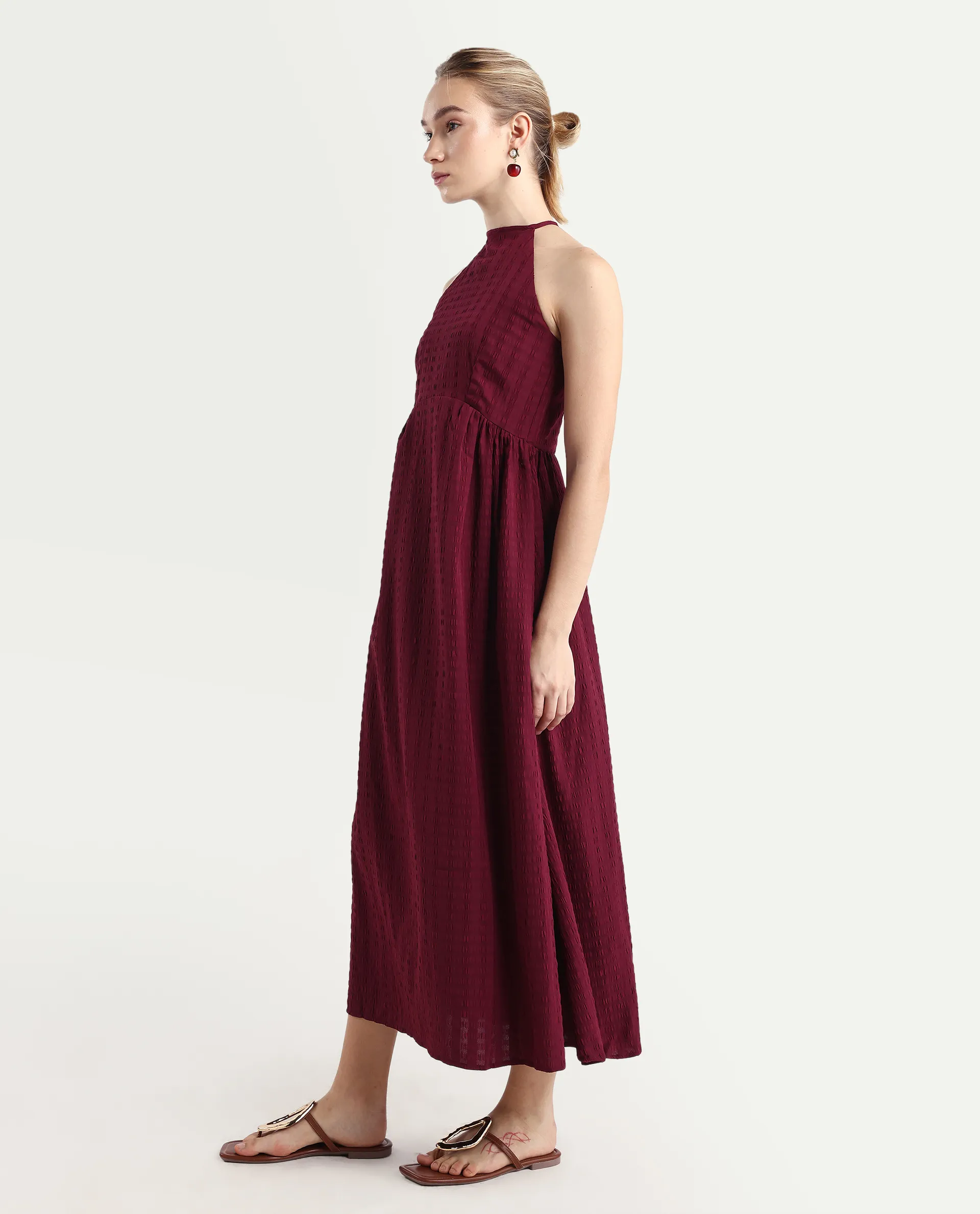 Rareism Women's Acina Maroon Polyester Sleeveless Fit And Flare Plain Dress - Image 4