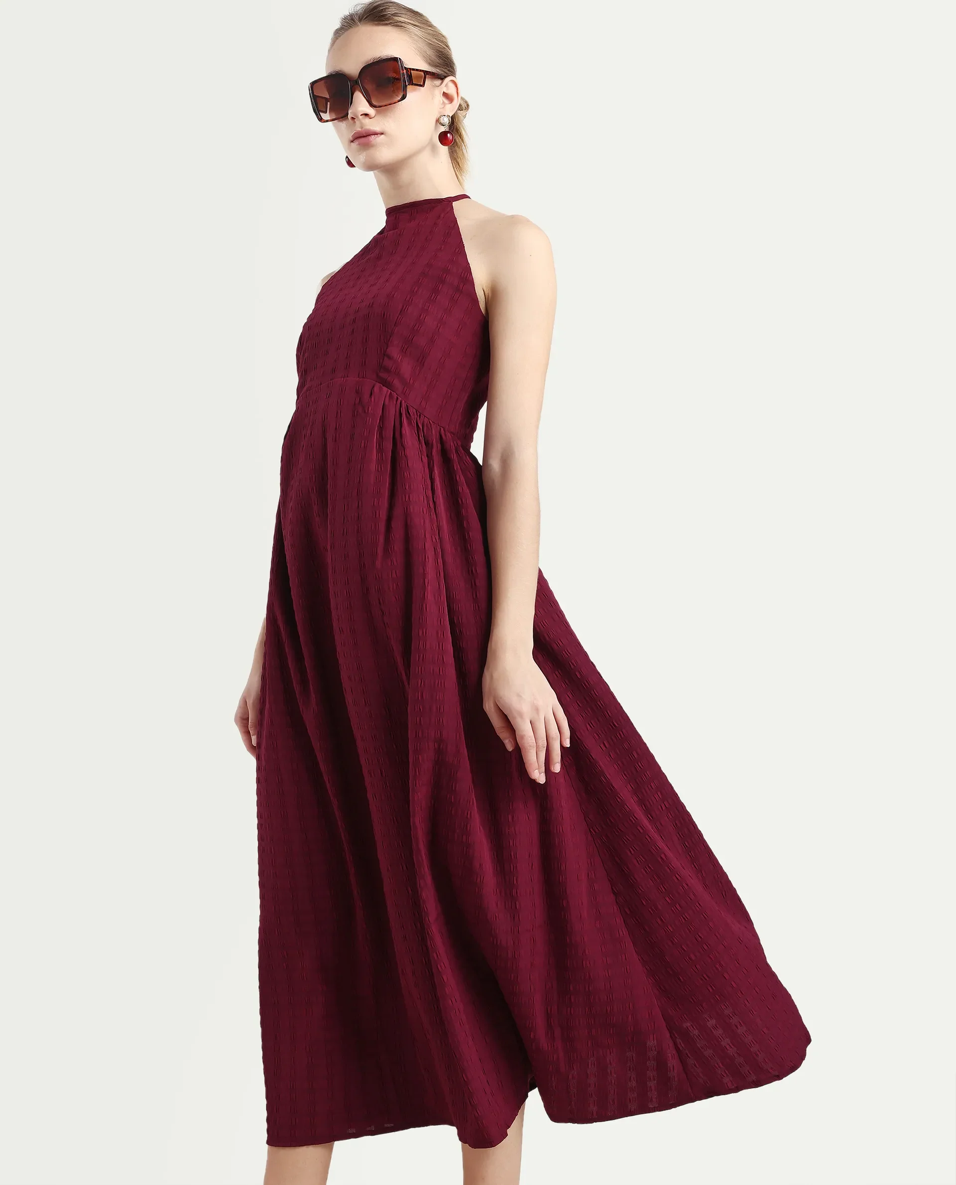 Rareism Women's Acina Maroon Polyester Sleeveless Fit And Flare Plain Dress - Image 5