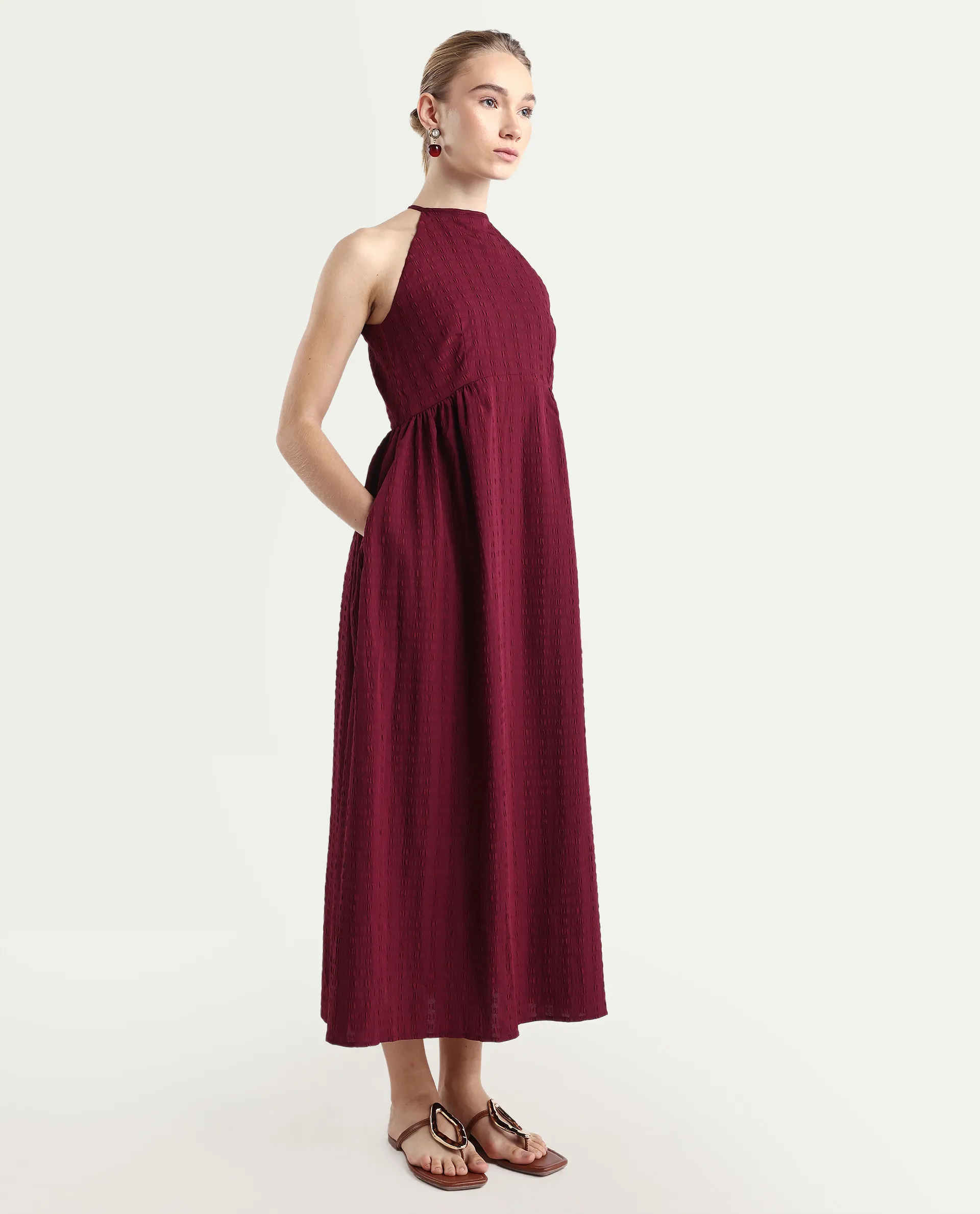 Rareism Women's Acina Maroon Polyester Sleeveless Fit And Flare Plain Dress - Image 6