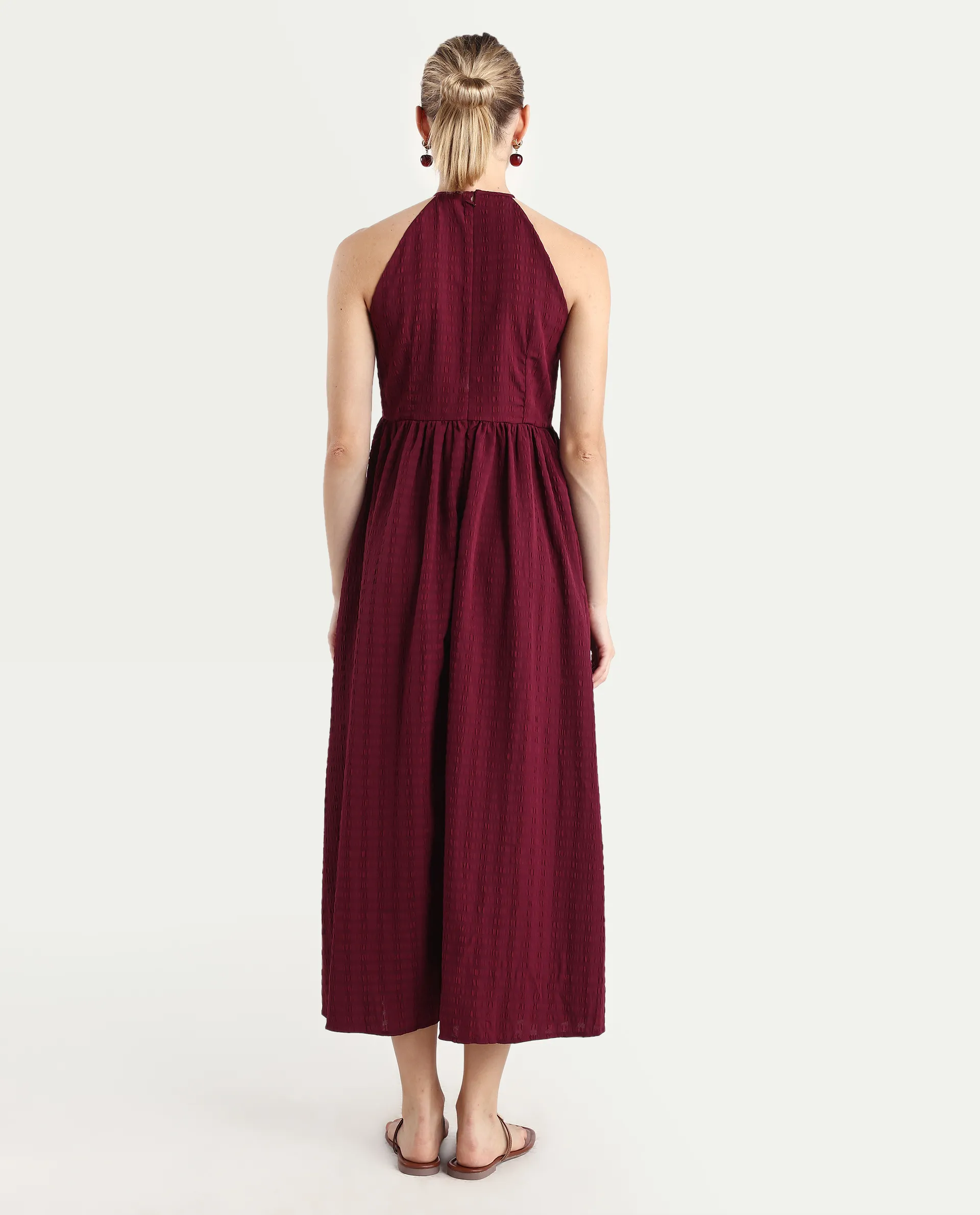 Rareism Women's Acina Maroon Polyester Sleeveless Fit And Flare Plain Dress - Image 7
