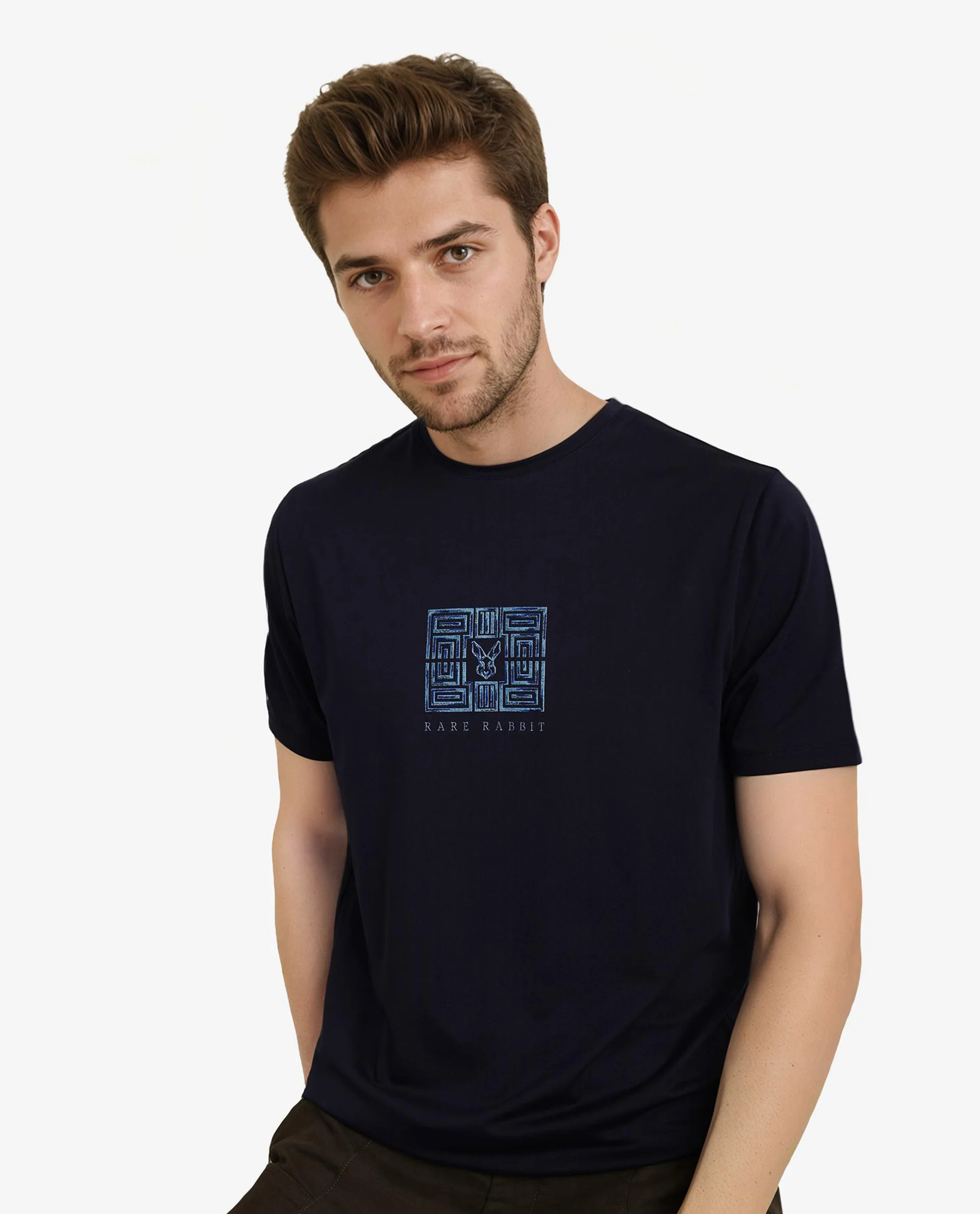 Rare Rabbit Men's Ack Navy Logo Print Regular Fit Half Sleeve Crew Neck T-Shirt - Image 3