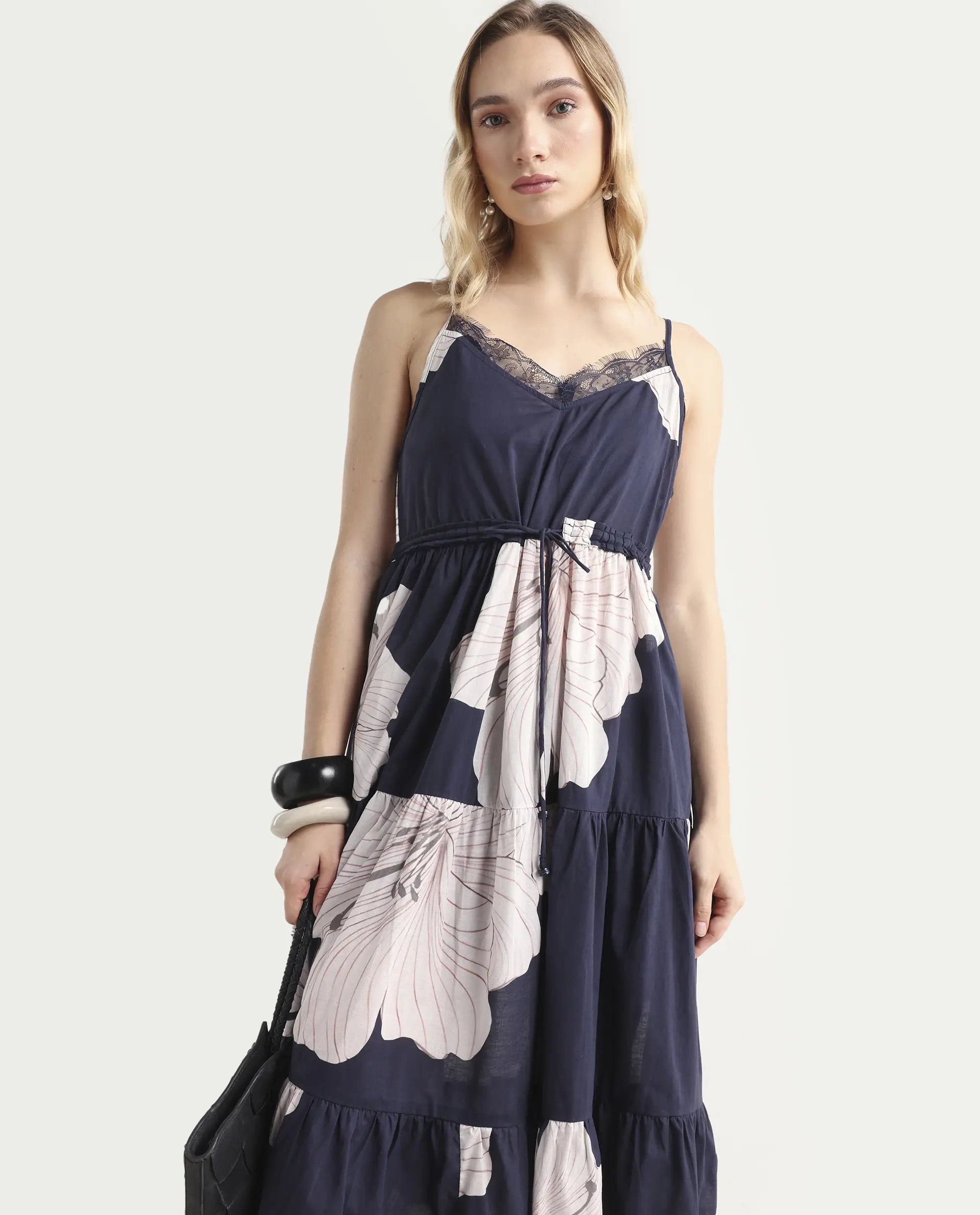 Rareism Women's Acker Navy Cotton V-Neck Floral Print Shoulder Strap Midi Relaxed Fit Dress - Image 2