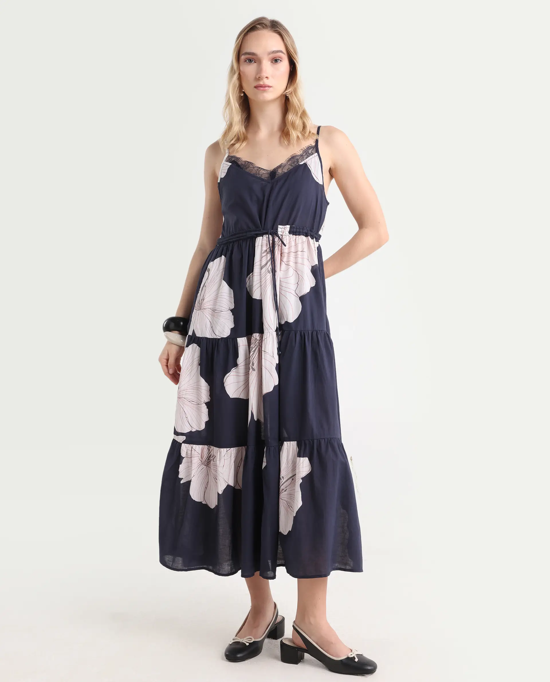 Rareism Women's Acker Navy Cotton V-Neck Floral Print Shoulder Strap Midi Relaxed Fit Dress - Image 3