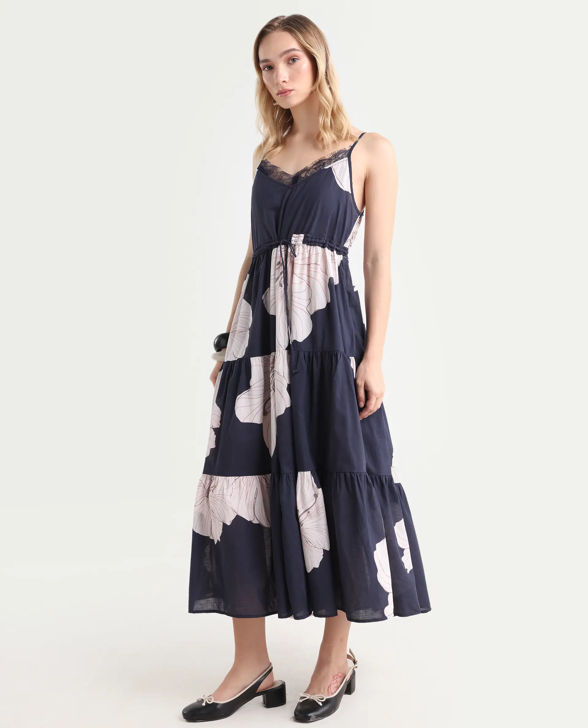 Rareism Women's Acker Navy Cotton V-Neck Floral Print Shoulder Strap Midi Relaxed Fit Dress - Image 5