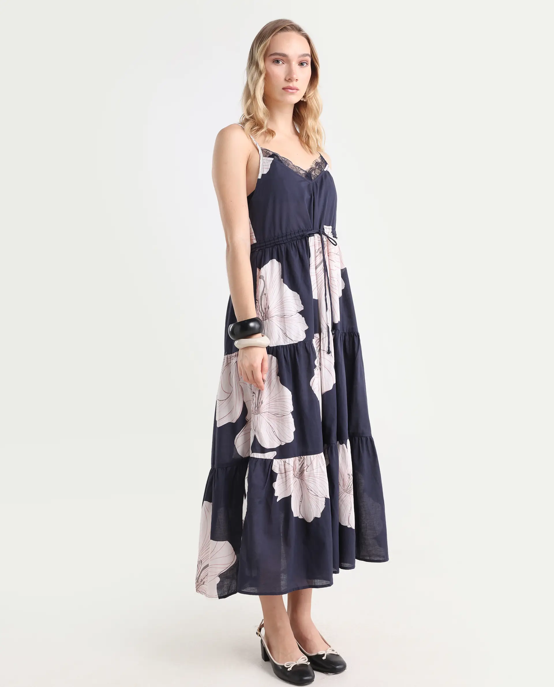 Rareism Women's Acker Navy Cotton V-Neck Floral Print Shoulder Strap Midi Relaxed Fit Dress - Image 6