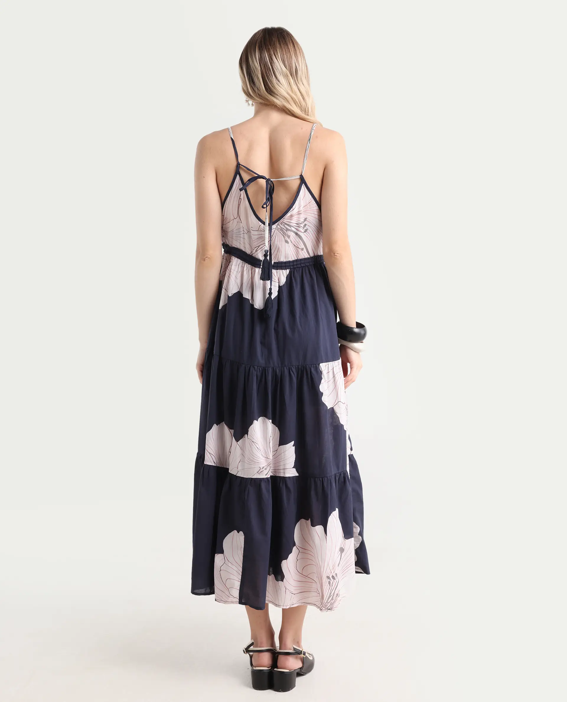 Rareism Women's Acker Navy Cotton V-Neck Floral Print Shoulder Strap Midi Relaxed Fit Dress - Image 7