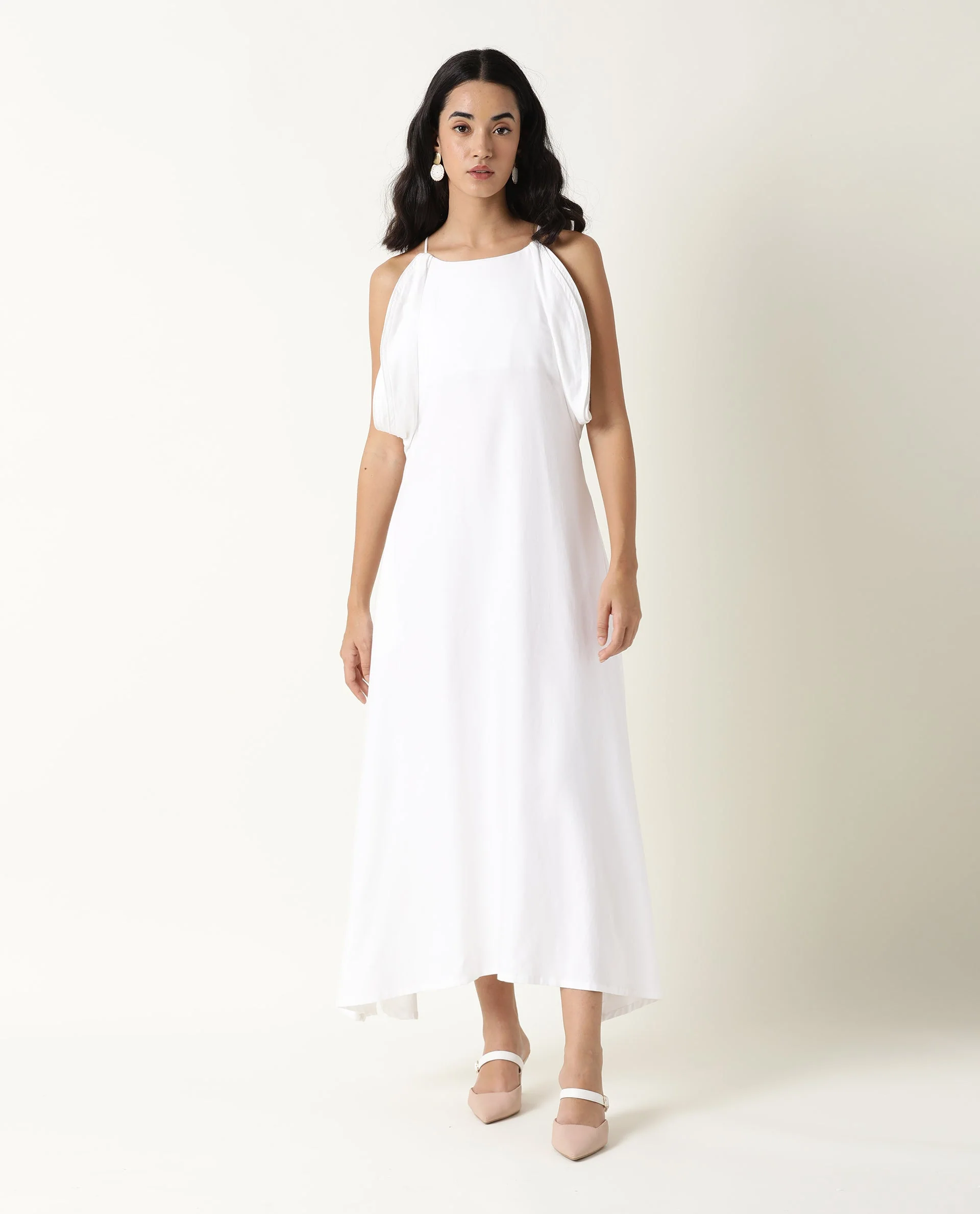 Rareism Women's Acron White Tencel Shoulder Strap Plain Sleeveless Maxi Regular Fit Dress - Image 2