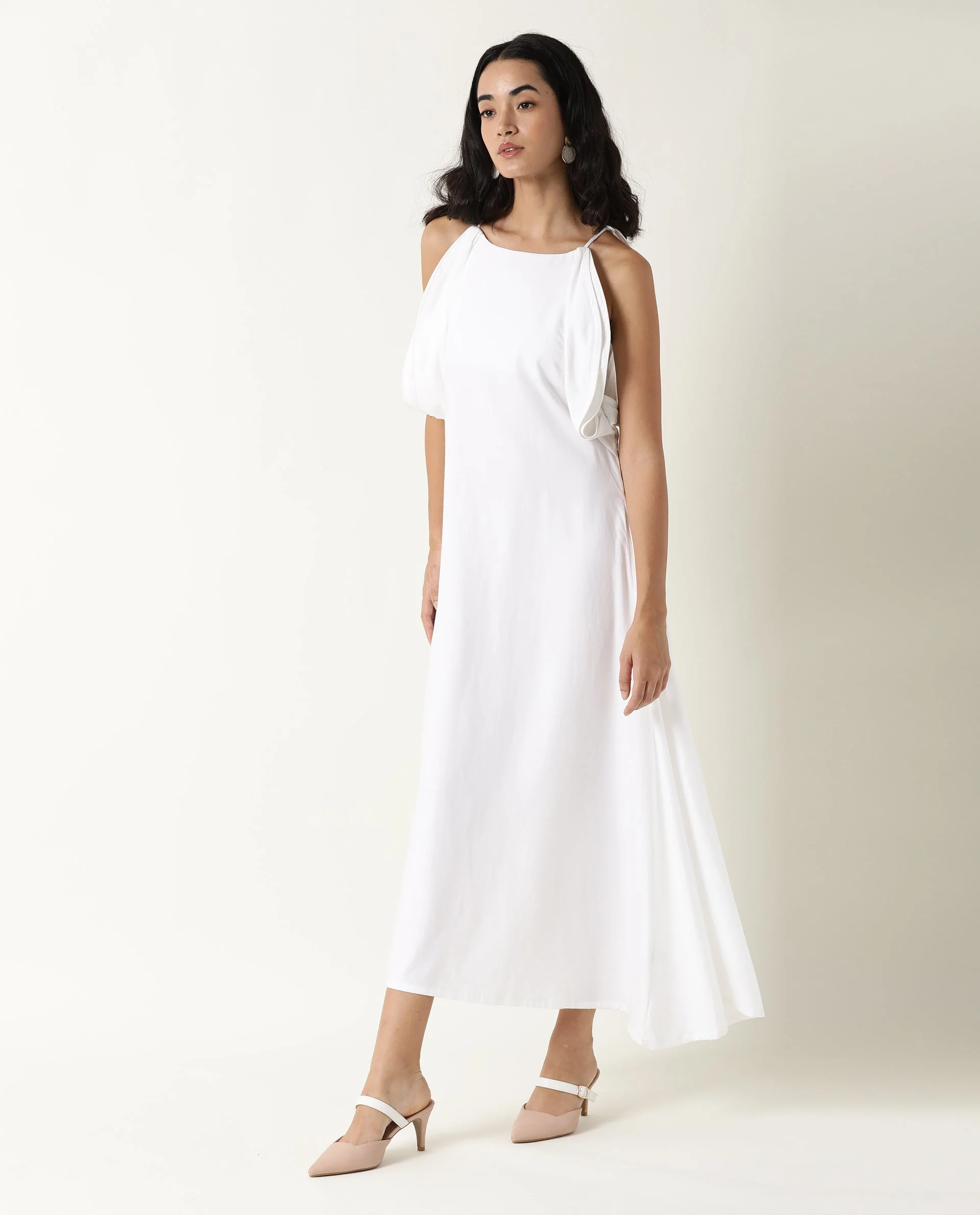 Rareism Women's Acron White Tencel Shoulder Strap Plain Sleeveless Maxi Regular Fit Dress - Image 4