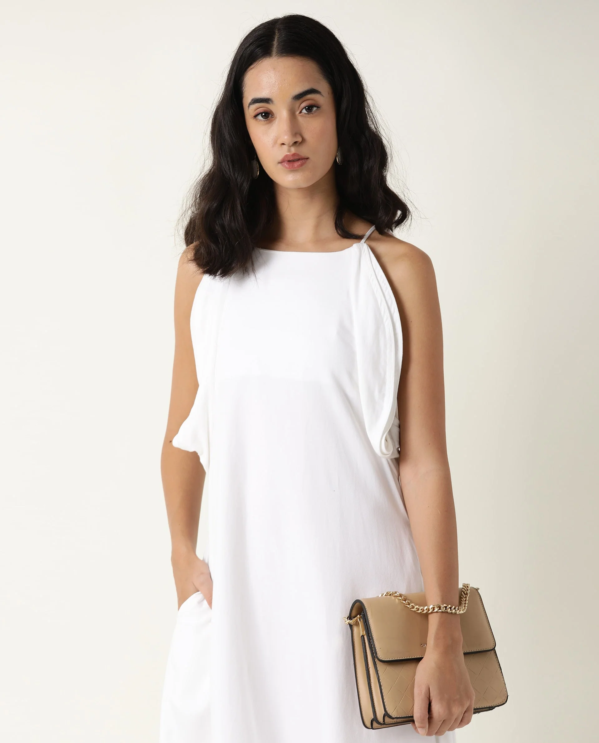 Rareism Women's Acron White Tencel Shoulder Strap Plain Sleeveless Maxi Regular Fit Dress - Image 5