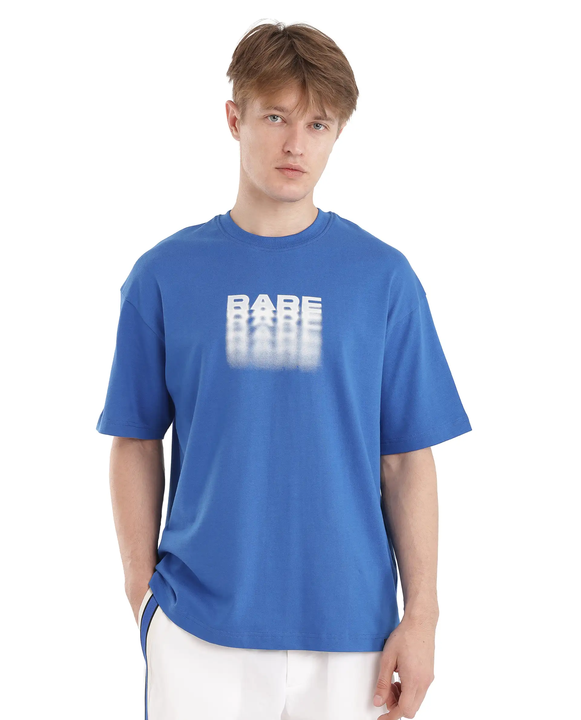 Rare Rabbit Men's Act Dark Blue Cotton Graphic Print Oversized Fit Half Sleeve Crew Neck T-Shirt - Image 3