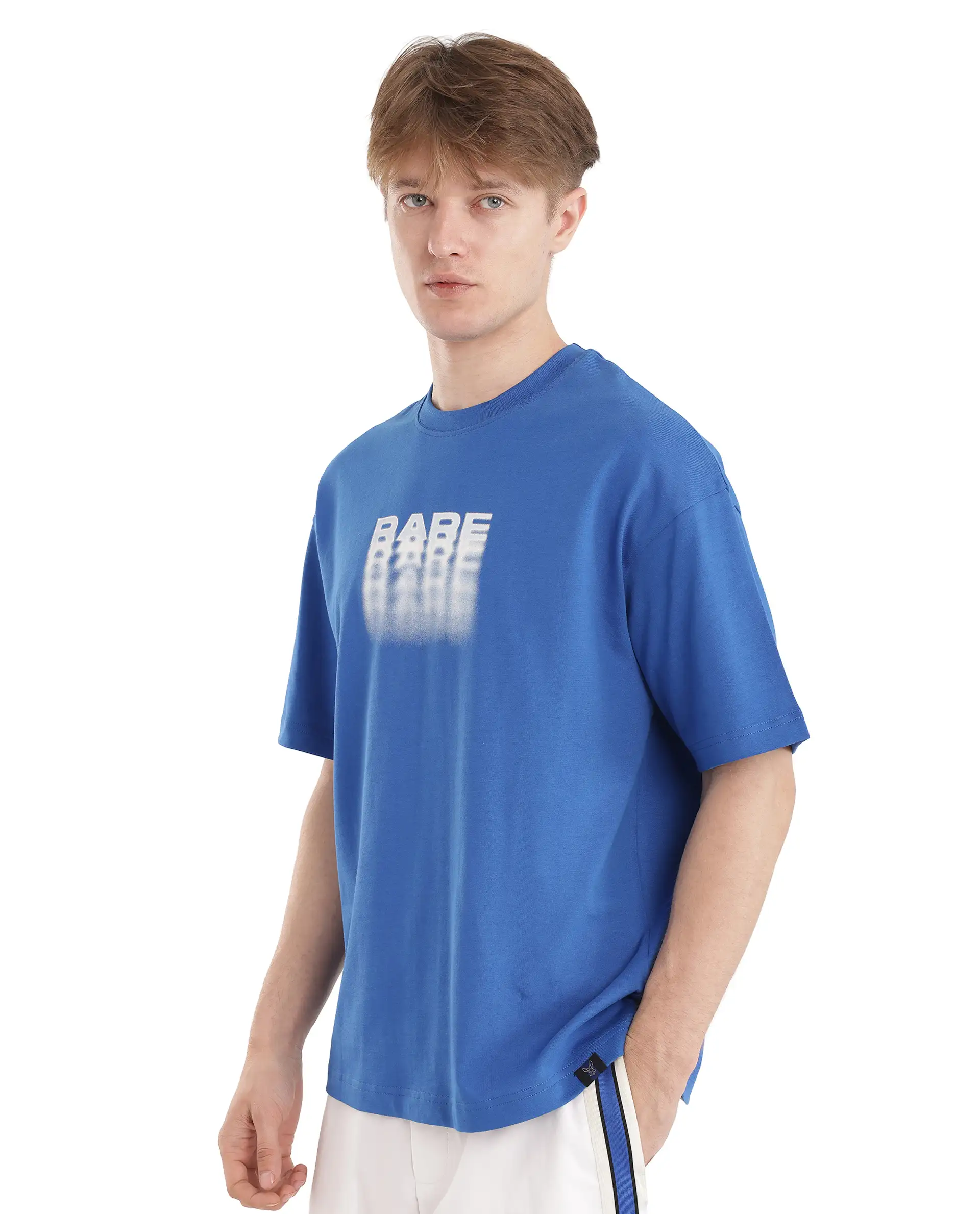 Rare Rabbit Men's Act Dark Blue Cotton Graphic Print Oversized Fit Half Sleeve Crew Neck T-Shirt - Image 7
