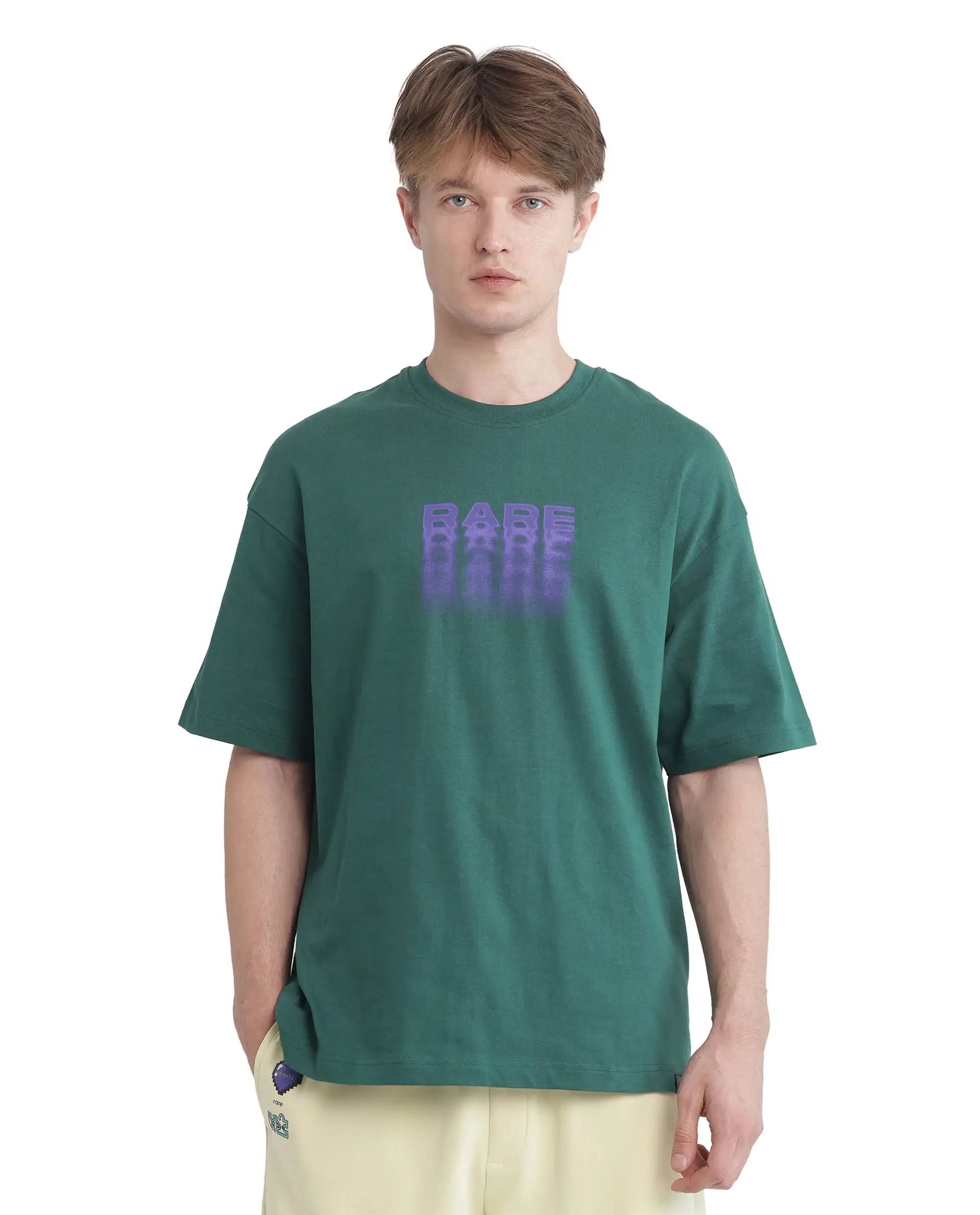 Rare Rabbit Men's Act Dark Green Cotton Graphic Print Oversized Fit Half Sleeve Crew Neck T-Shirt - Image 5