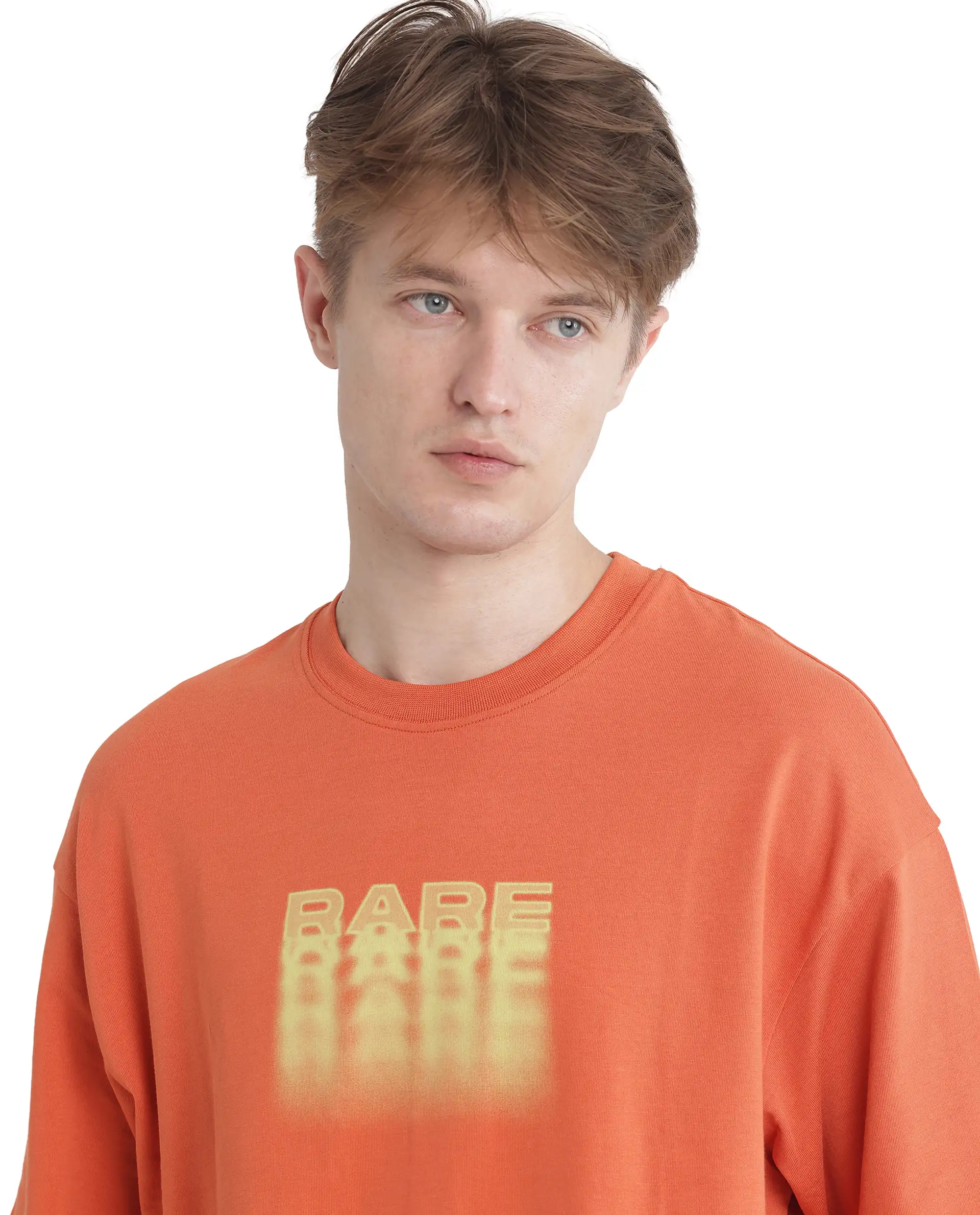 Rare Rabbit Men's Act Orange Cotton Graphic Print Oversized Fit Half Sleeve Crew Neck T-Shirt