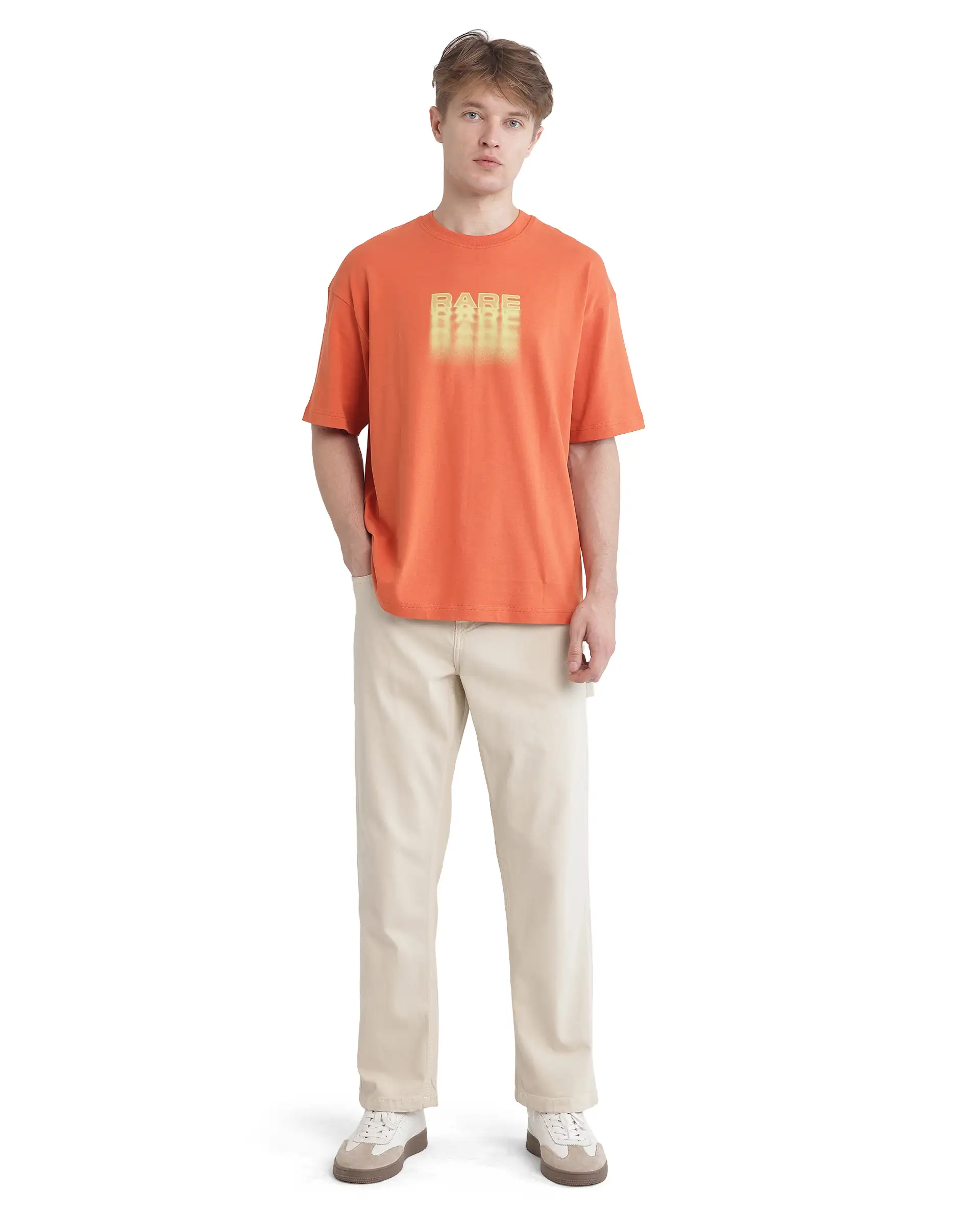 Rare Rabbit Men's Act Orange Cotton Graphic Print Oversized Fit Half Sleeve Crew Neck T-Shirt - Image 2