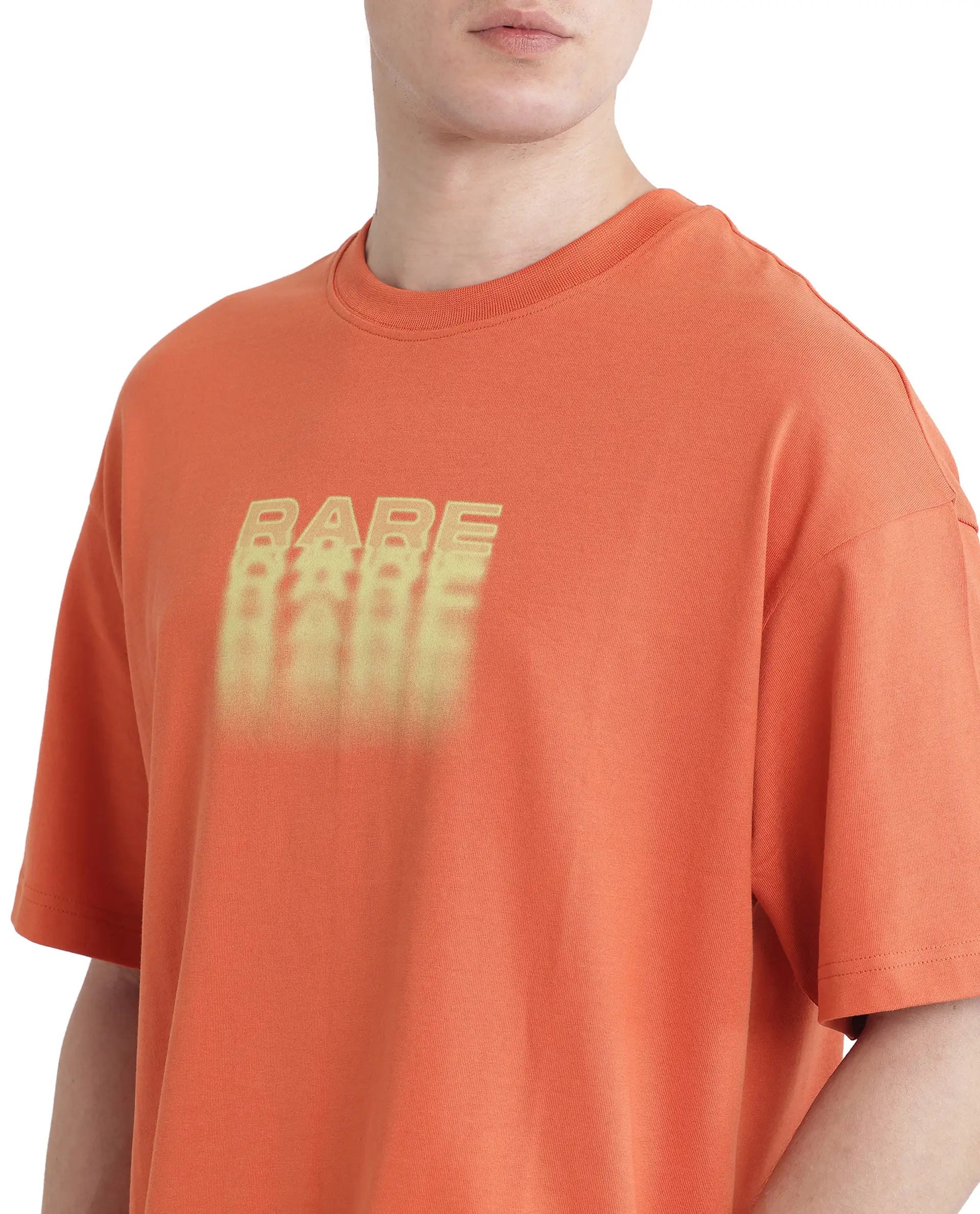 Rare Rabbit Men's Act Orange Cotton Graphic Print Oversized Fit Half Sleeve Crew Neck T-Shirt - Image 3