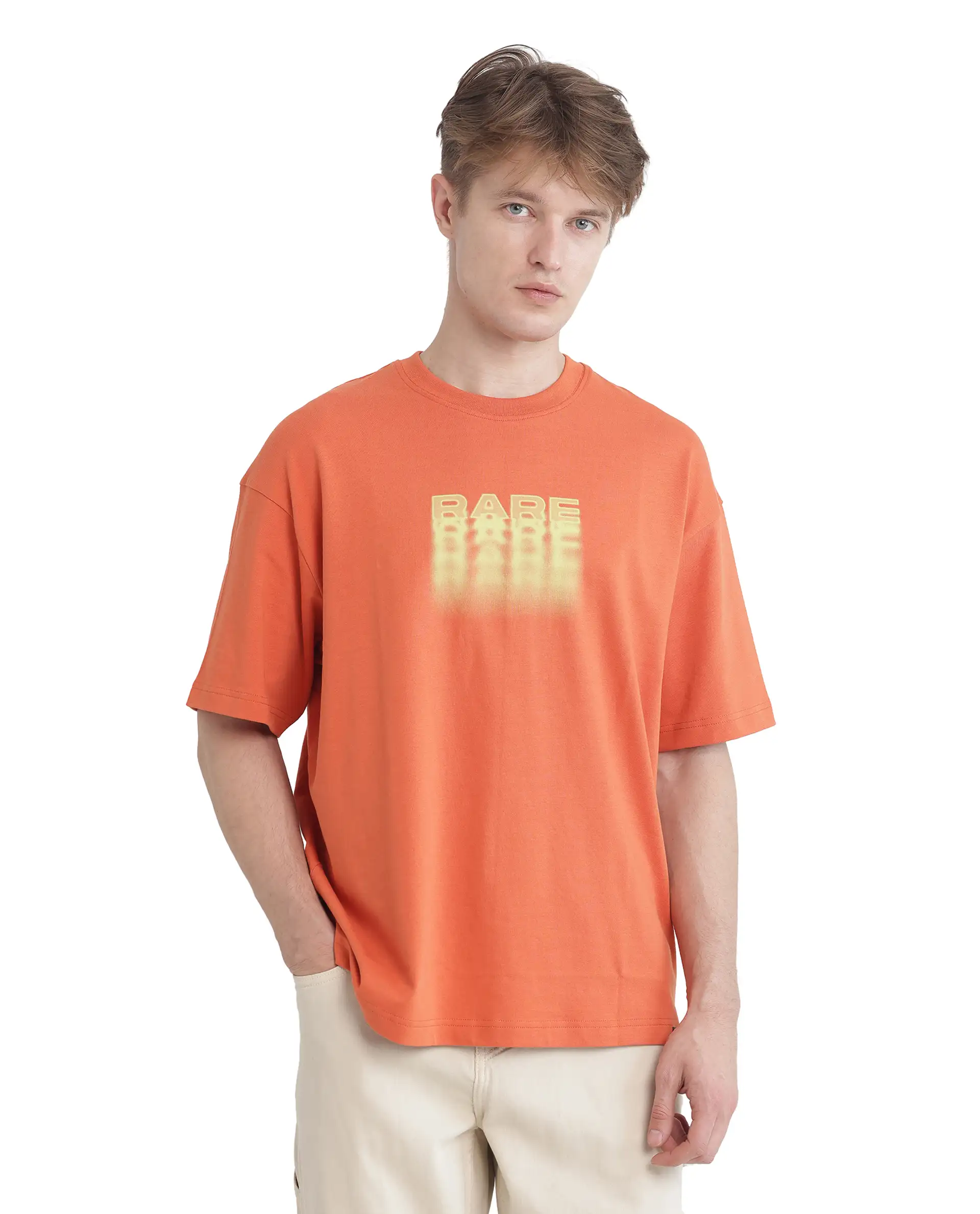 Rare Rabbit Men's Act Orange Cotton Graphic Print Oversized Fit Half Sleeve Crew Neck T-Shirt - Image 5