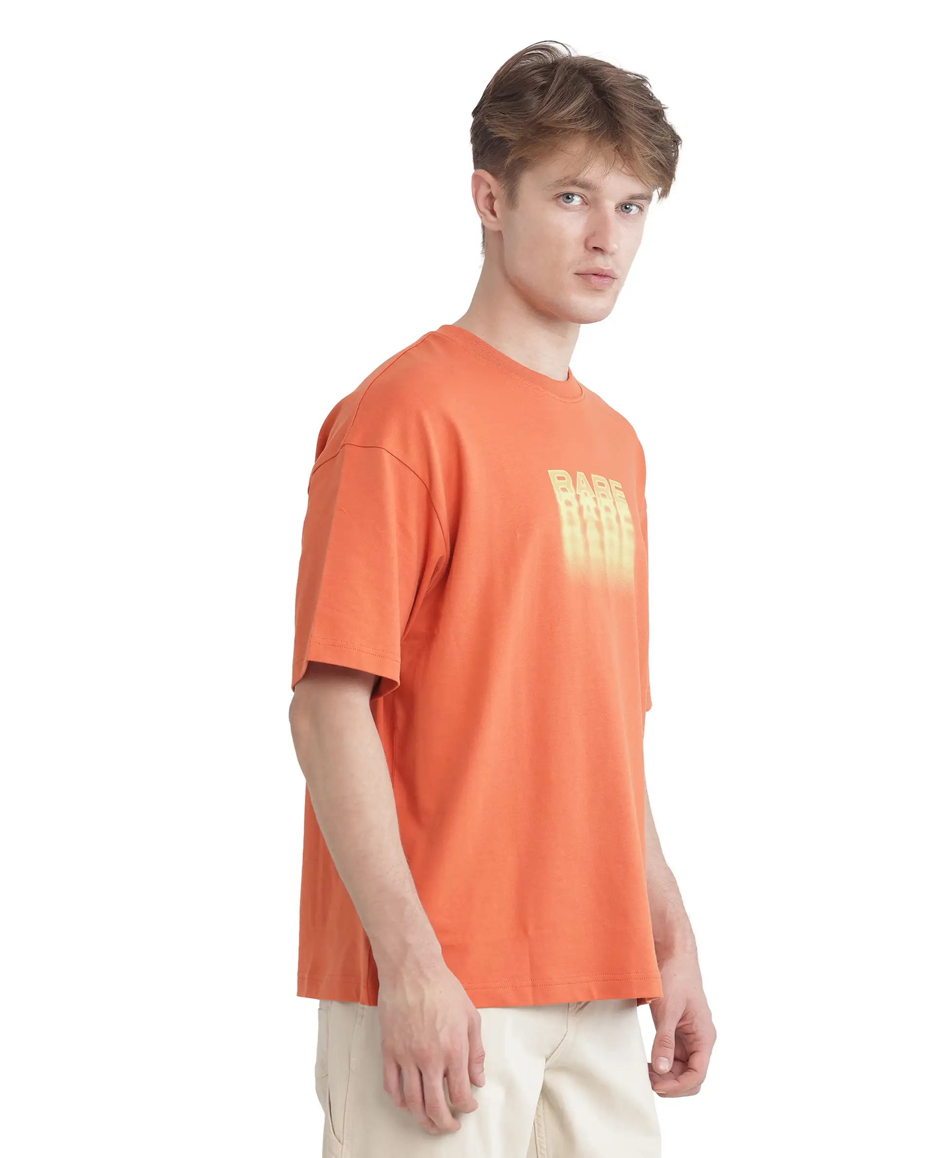 Rare Rabbit Men's Act Orange Cotton Graphic Print Oversized Fit Half Sleeve Crew Neck T-Shirt - Image 6
