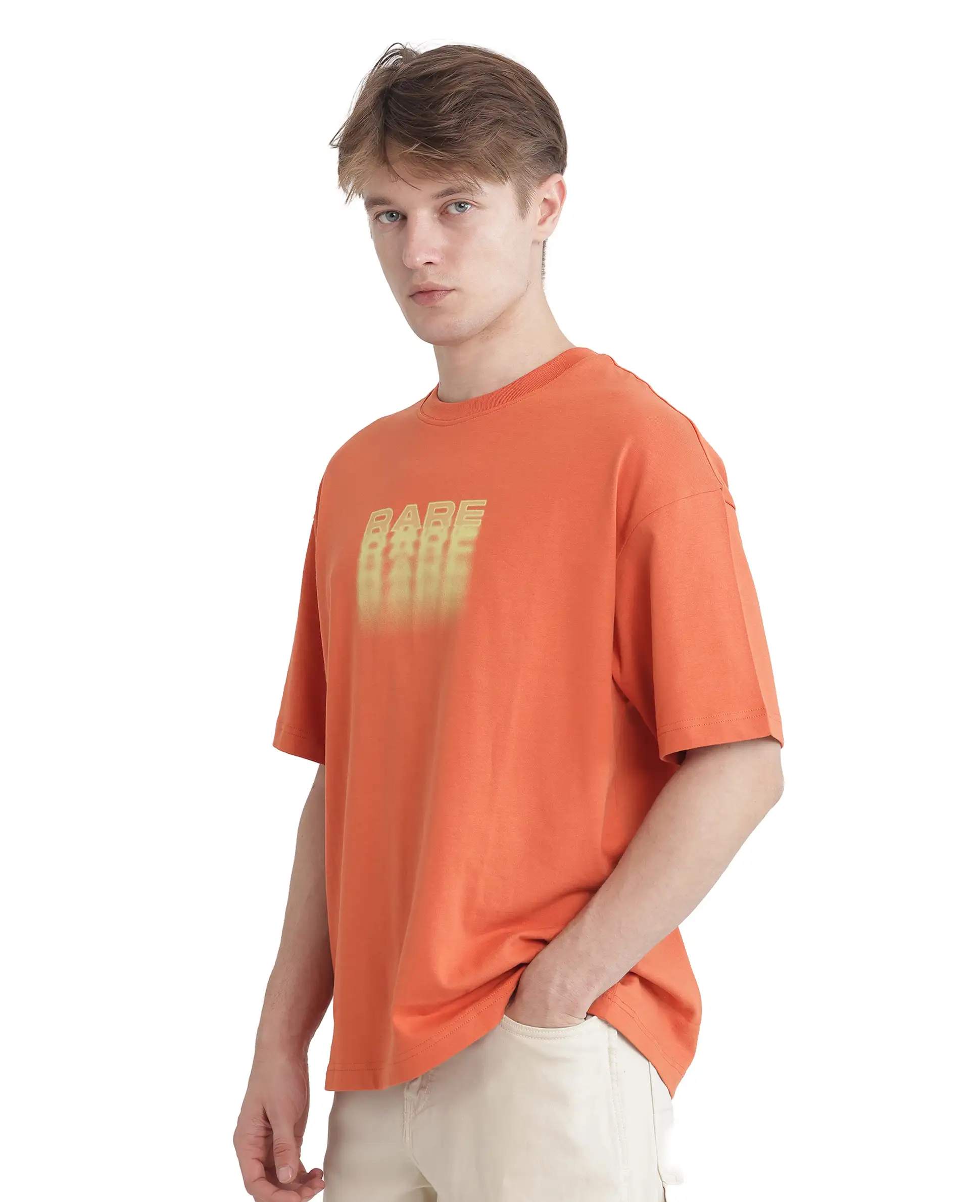 Rare Rabbit Men's Act Orange Cotton Graphic Print Oversized Fit Half Sleeve Crew Neck T-Shirt - Image 7
