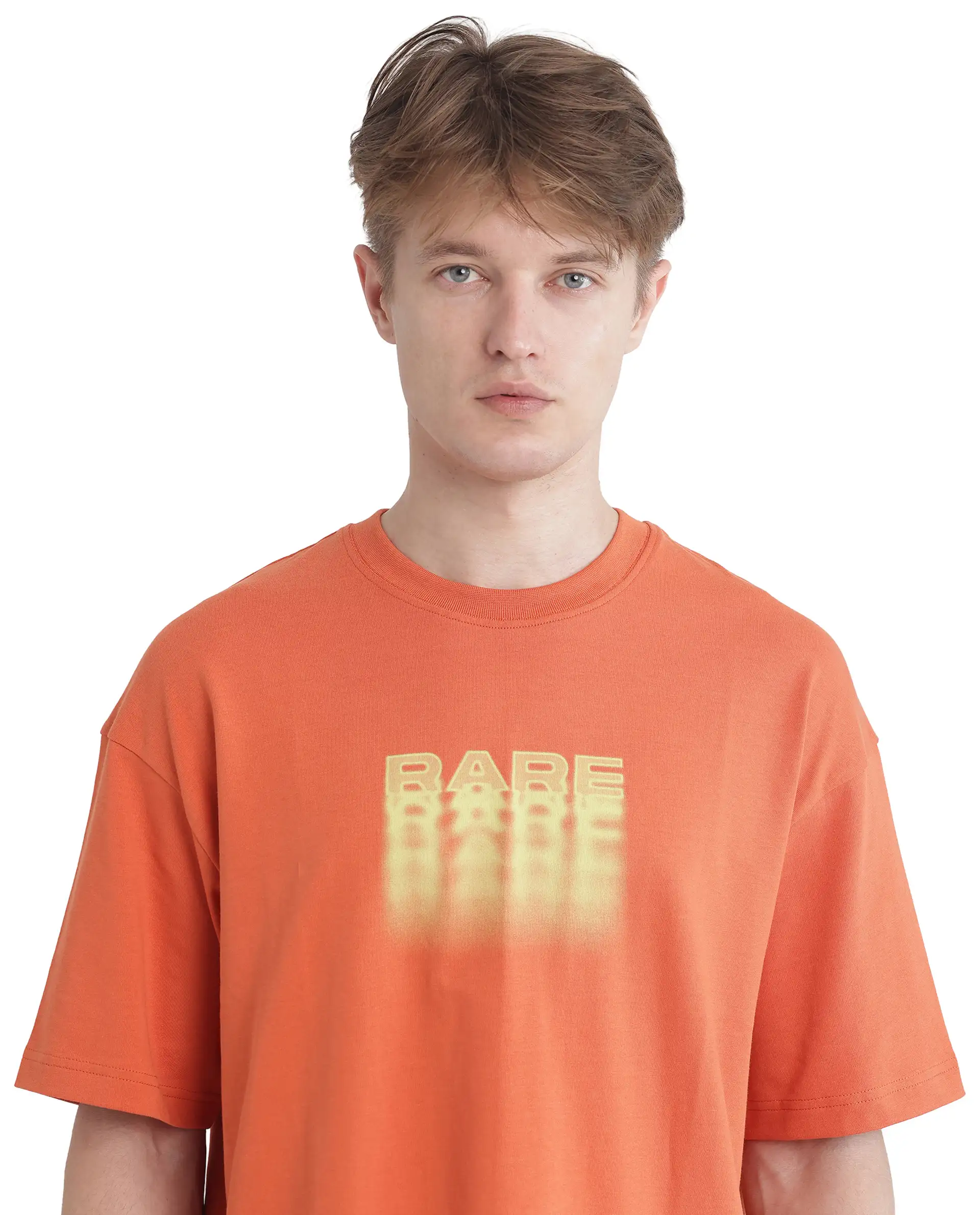 Rare Rabbit Men's Act Orange Cotton Graphic Print Oversized Fit Half Sleeve Crew Neck T-Shirt - Image 8