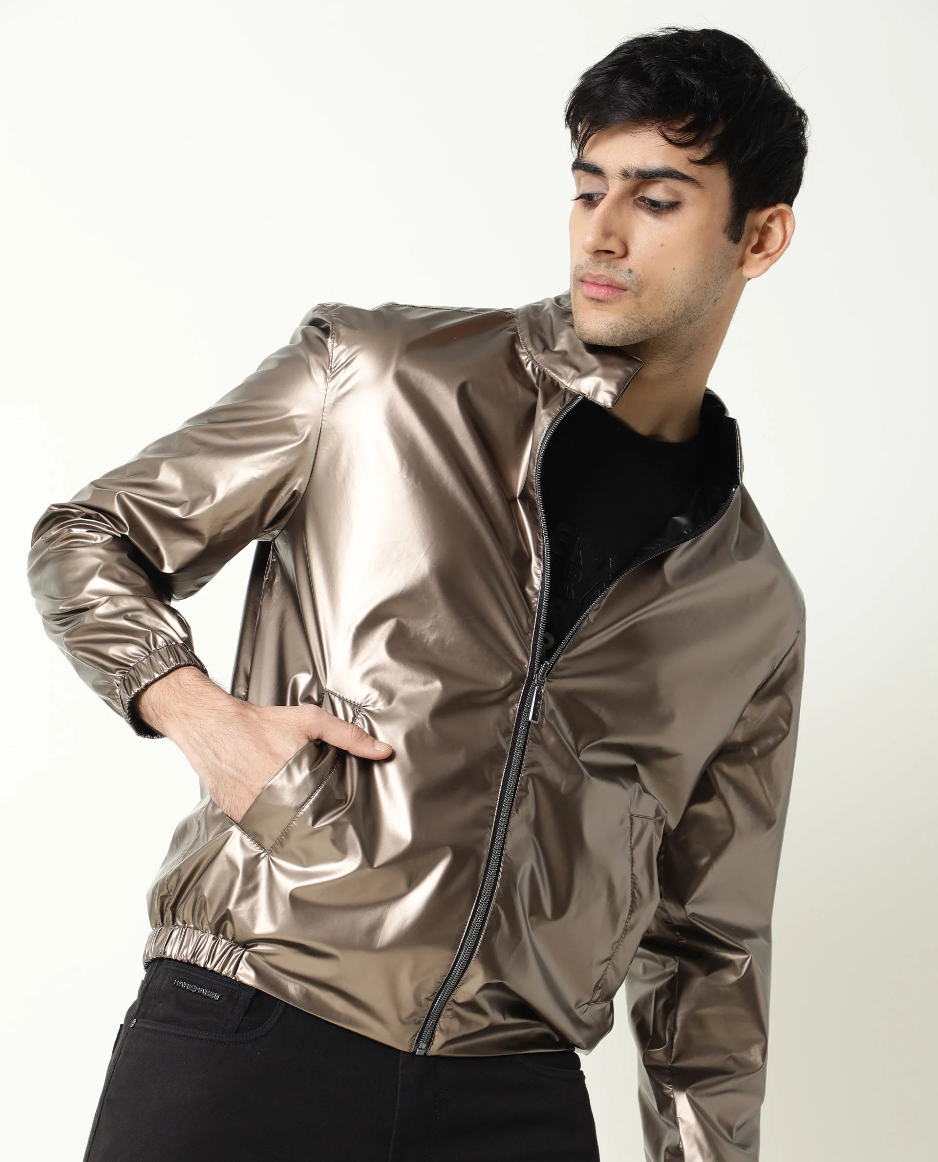 Rare Rabbit Men's Adam Gold Polyester Plain Regular Fit Full Sleeve Mandarin Collar Jacket - Image 2