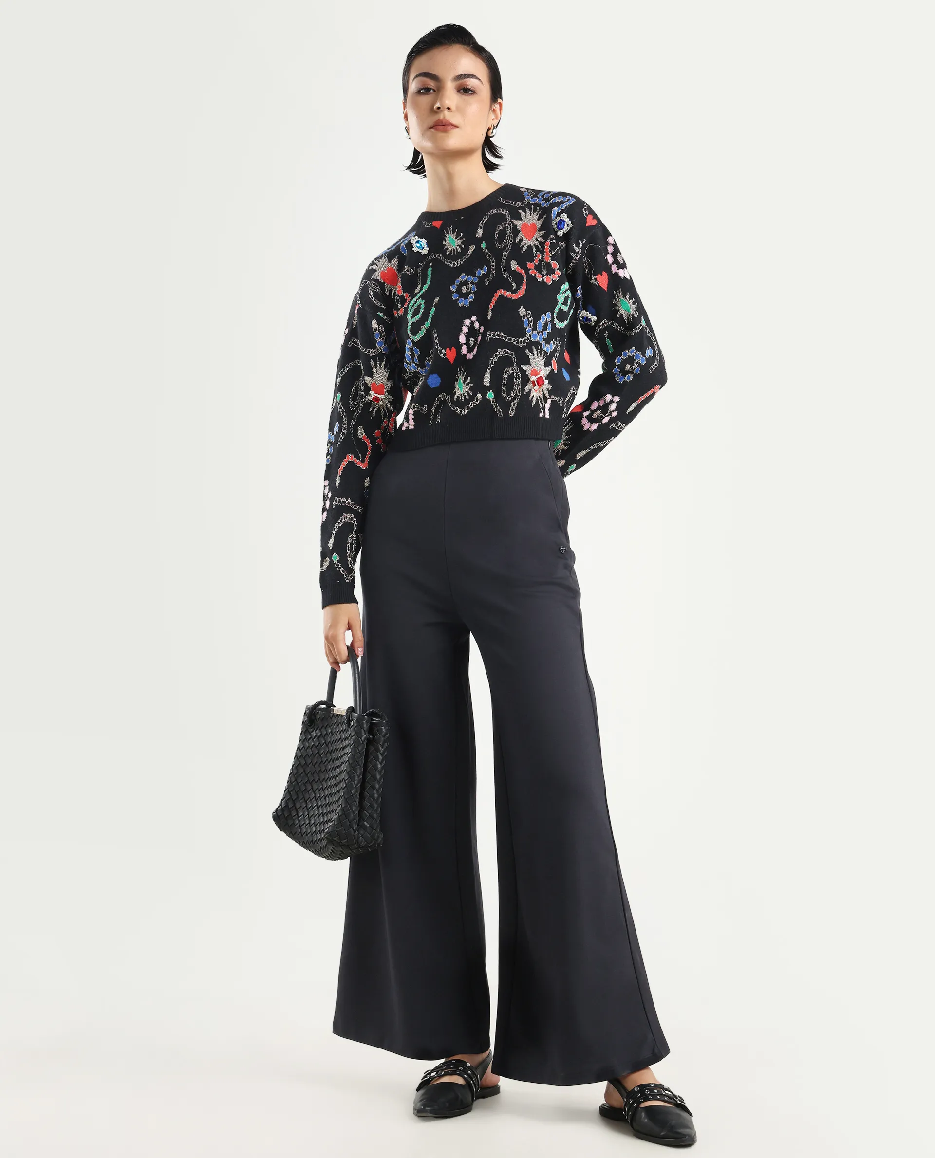Rareism Women's Adana Black Viscose Crew Neck Abstract Print Regular Fit Sweater - Image 2