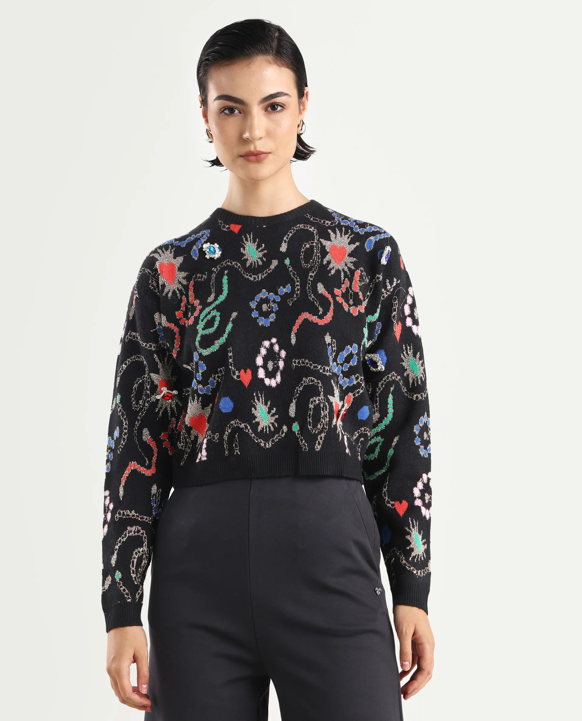 Rareism Women's Adana Black Viscose Crew Neck Abstract Print Regular Fit Sweater - Image 3
