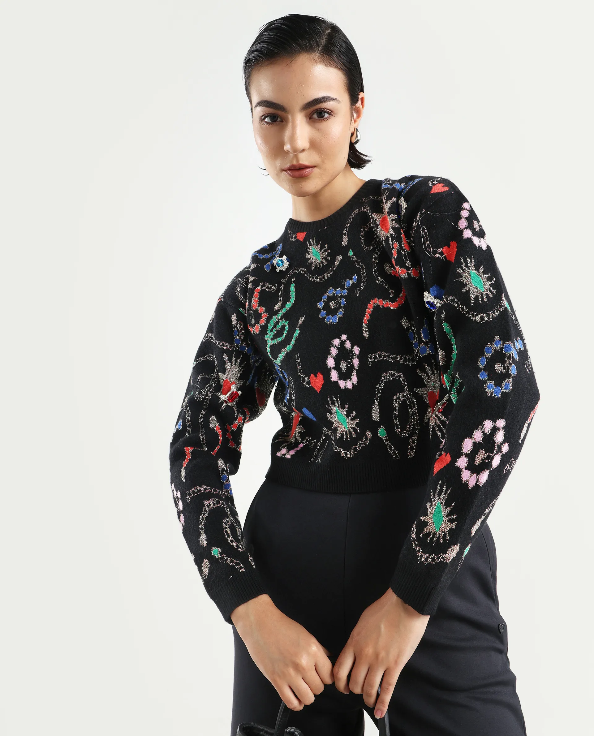 Rareism Women's Adana Black Viscose Crew Neck Abstract Print Regular Fit Sweater - Image 4
