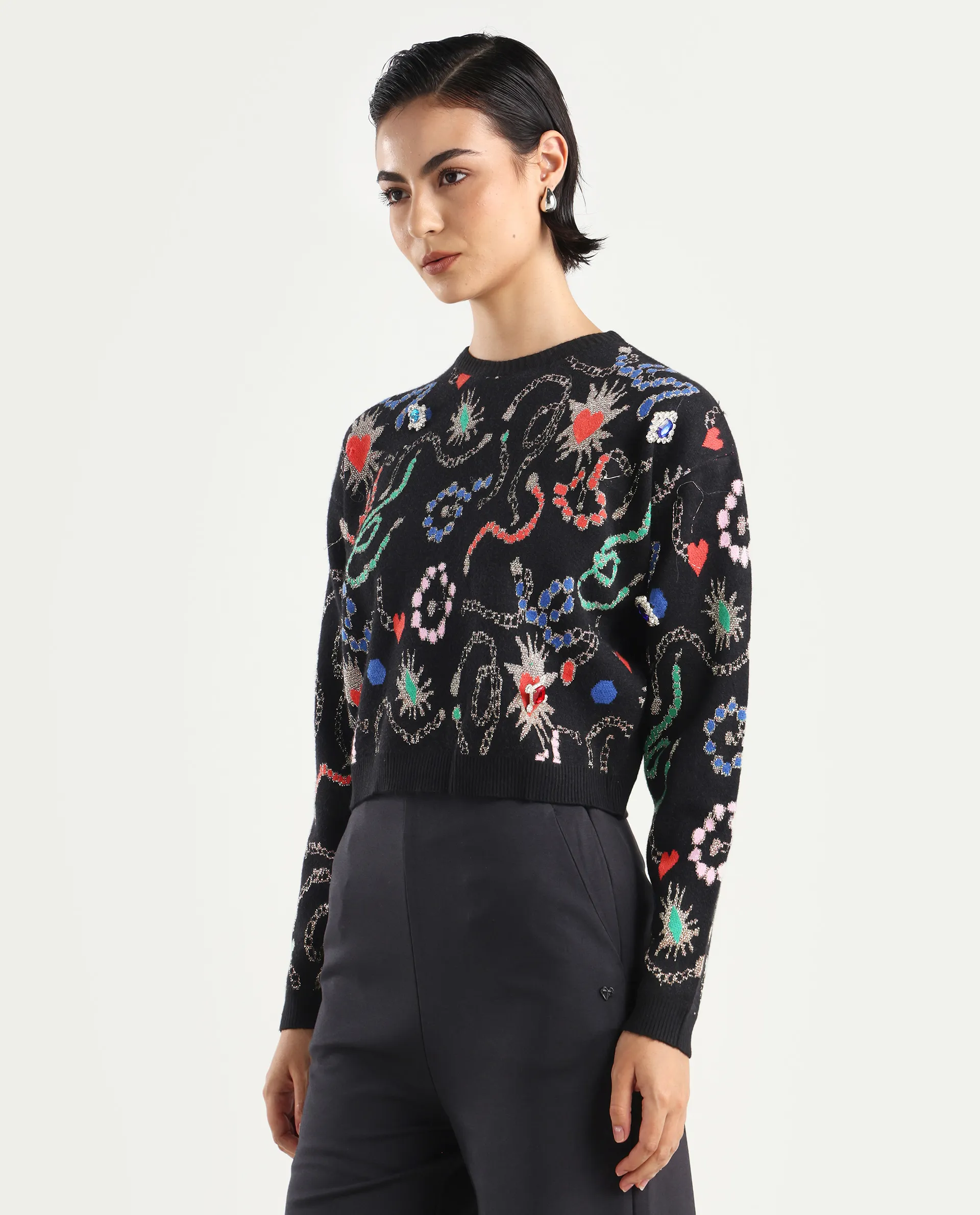 Rareism Women's Adana Black Viscose Crew Neck Abstract Print Regular Fit Sweater - Image 5