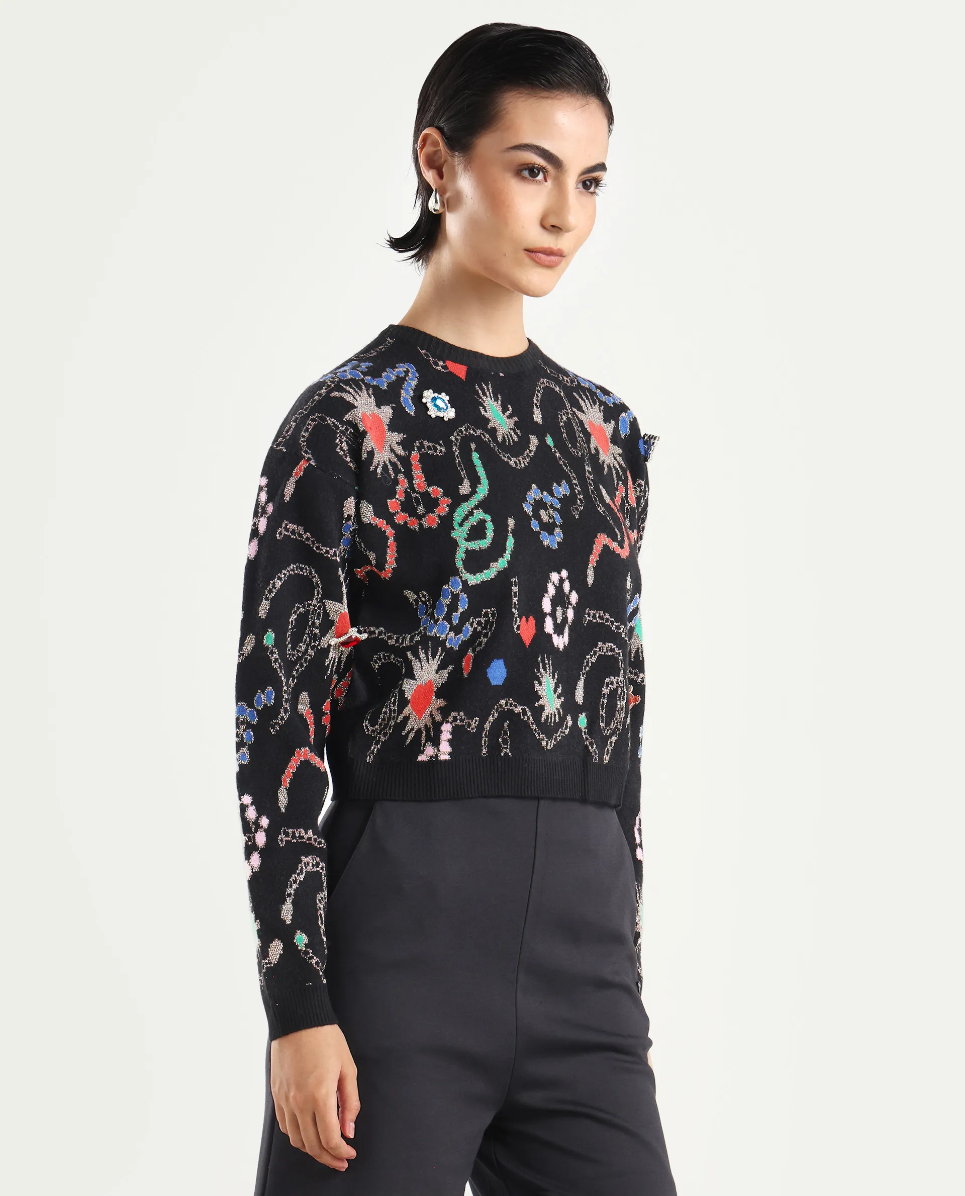 Rareism Women's Adana Black Viscose Crew Neck Abstract Print Regular Fit Sweater - Image 6