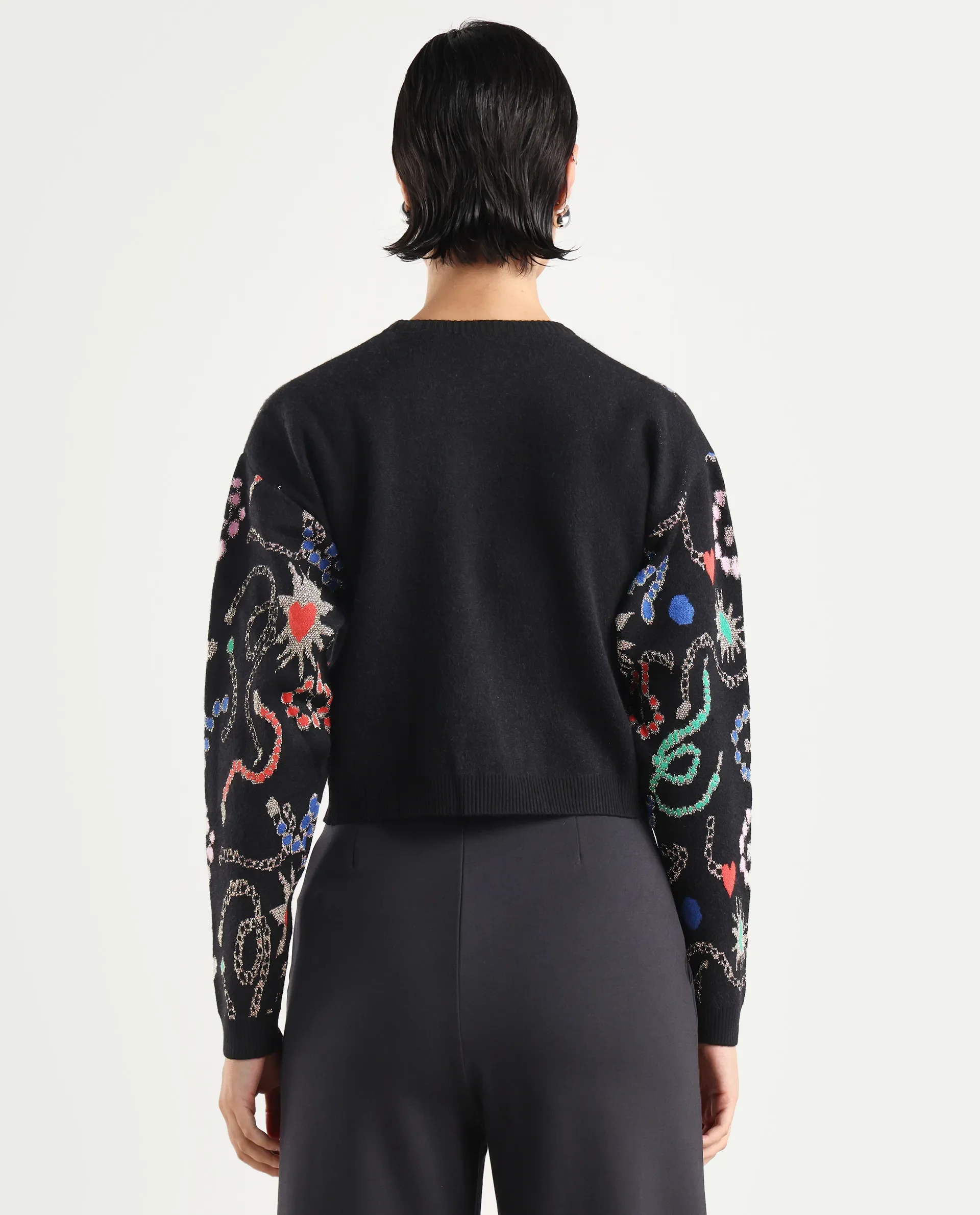 Rareism Women's Adana Black Viscose Crew Neck Abstract Print Regular Fit Sweater - Image 7