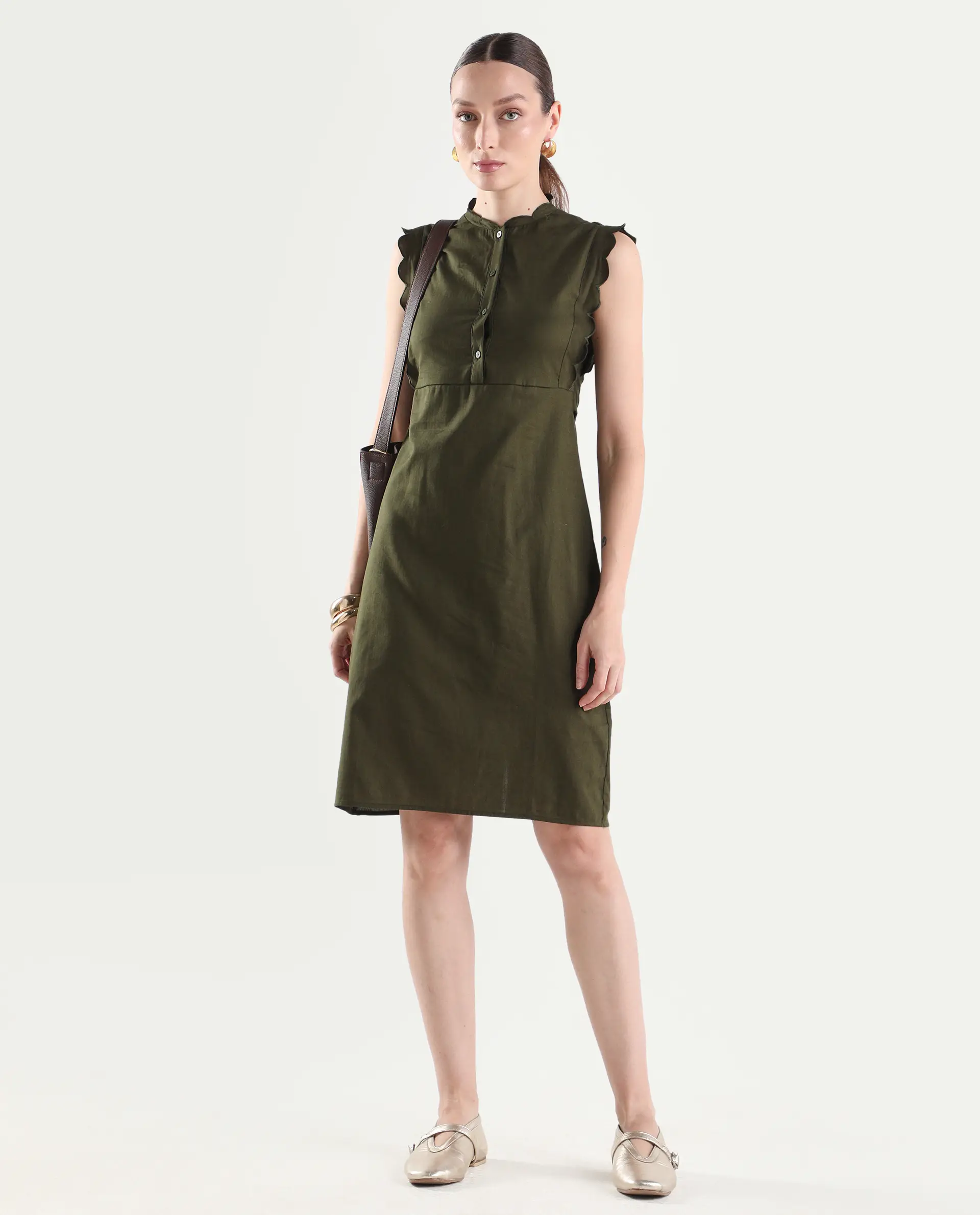 Rareism Women's Adara Olive Cotton Sleeveless A-Line Plain Dress - Image 2