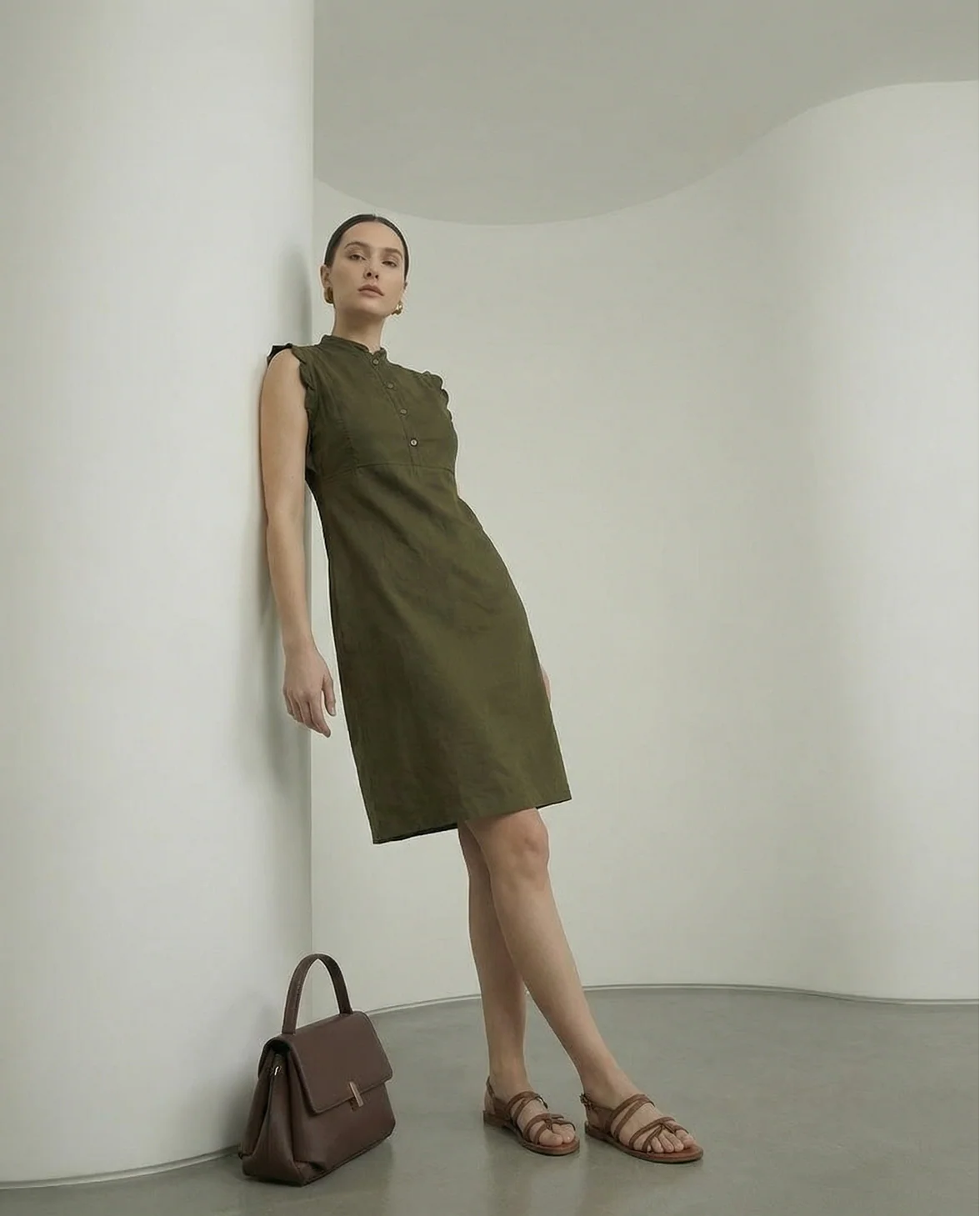 Rareism Women's Adara Olive Cotton Sleeveless A-Line Plain Dress - Image 3