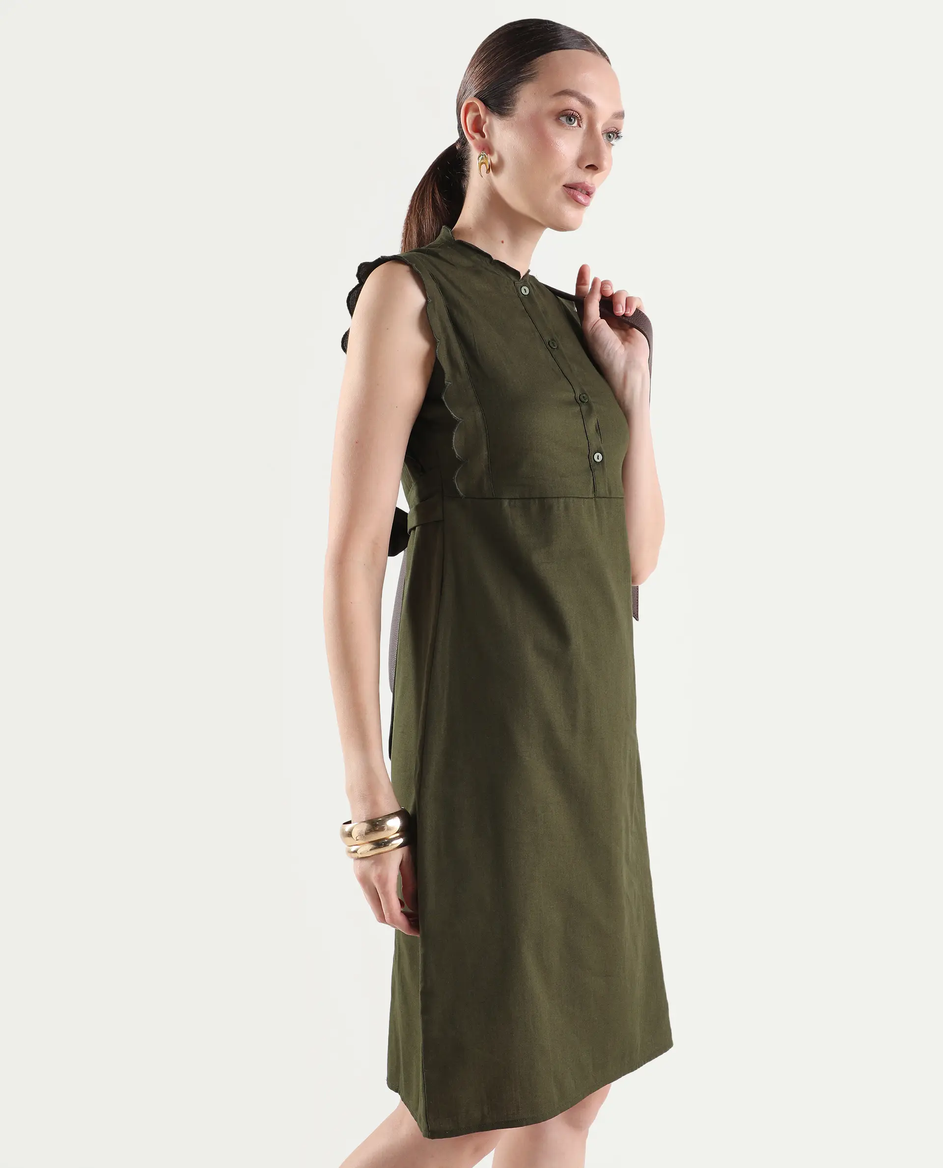 Rareism Women's Adara Olive Cotton Sleeveless A-Line Plain Dress - Image 4