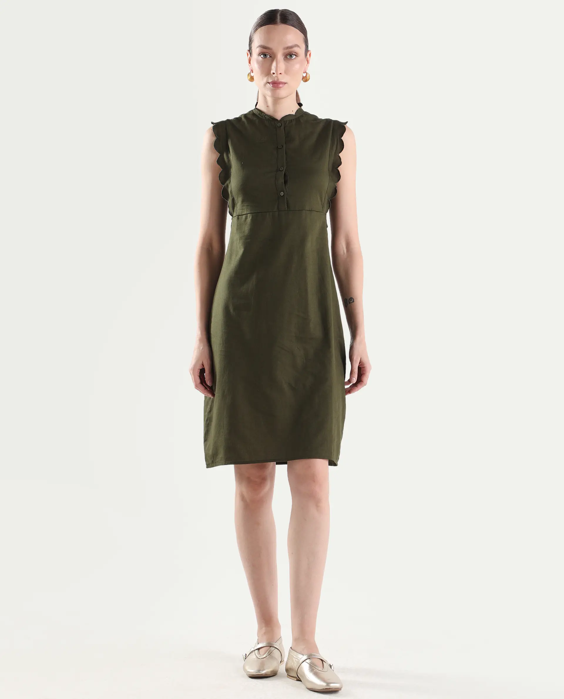 Rareism Women's Adara Olive Cotton Sleeveless A-Line Plain Dress - Image 5