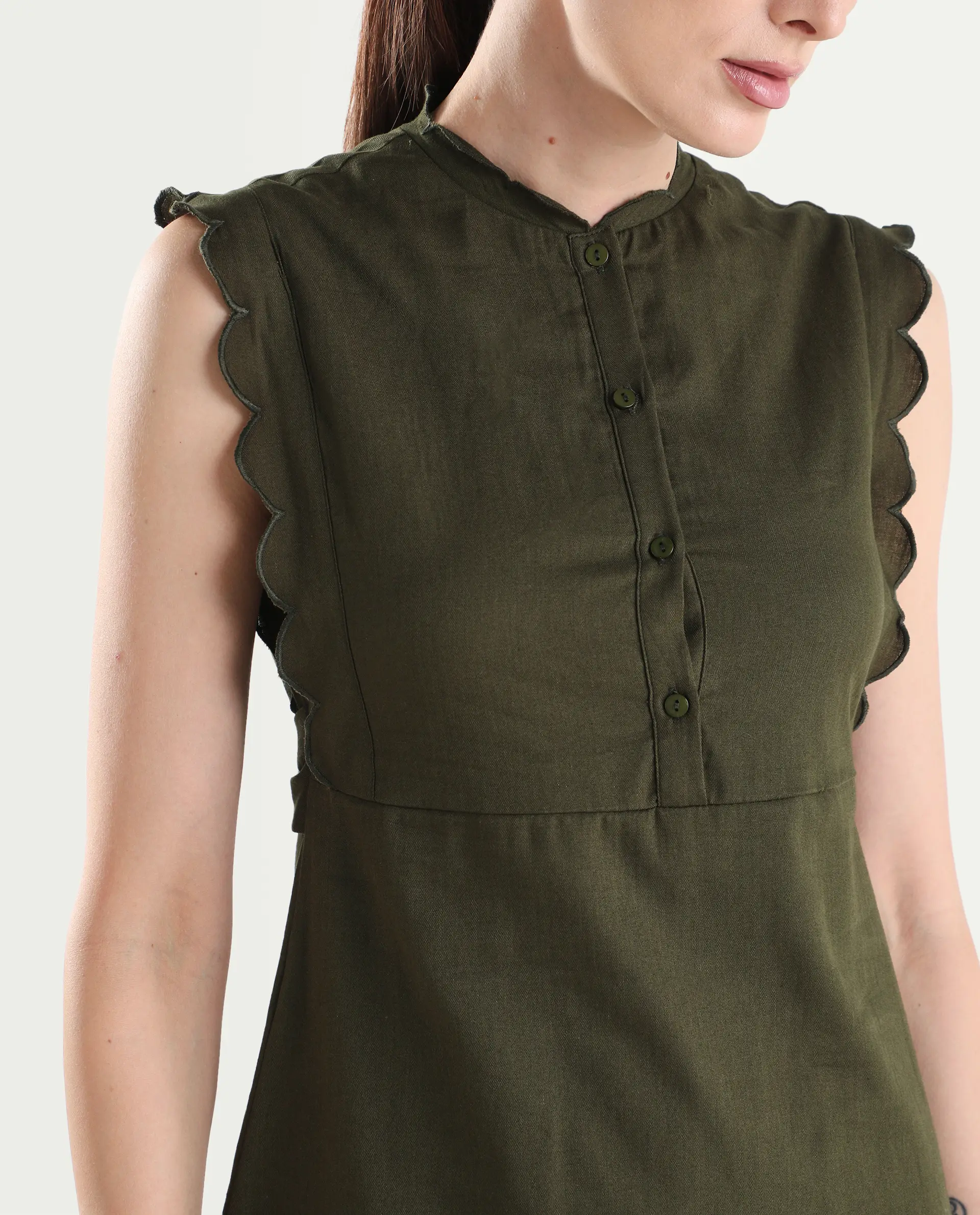 Rareism Women's Adara Olive Cotton Sleeveless A-Line Plain Dress - Image 6