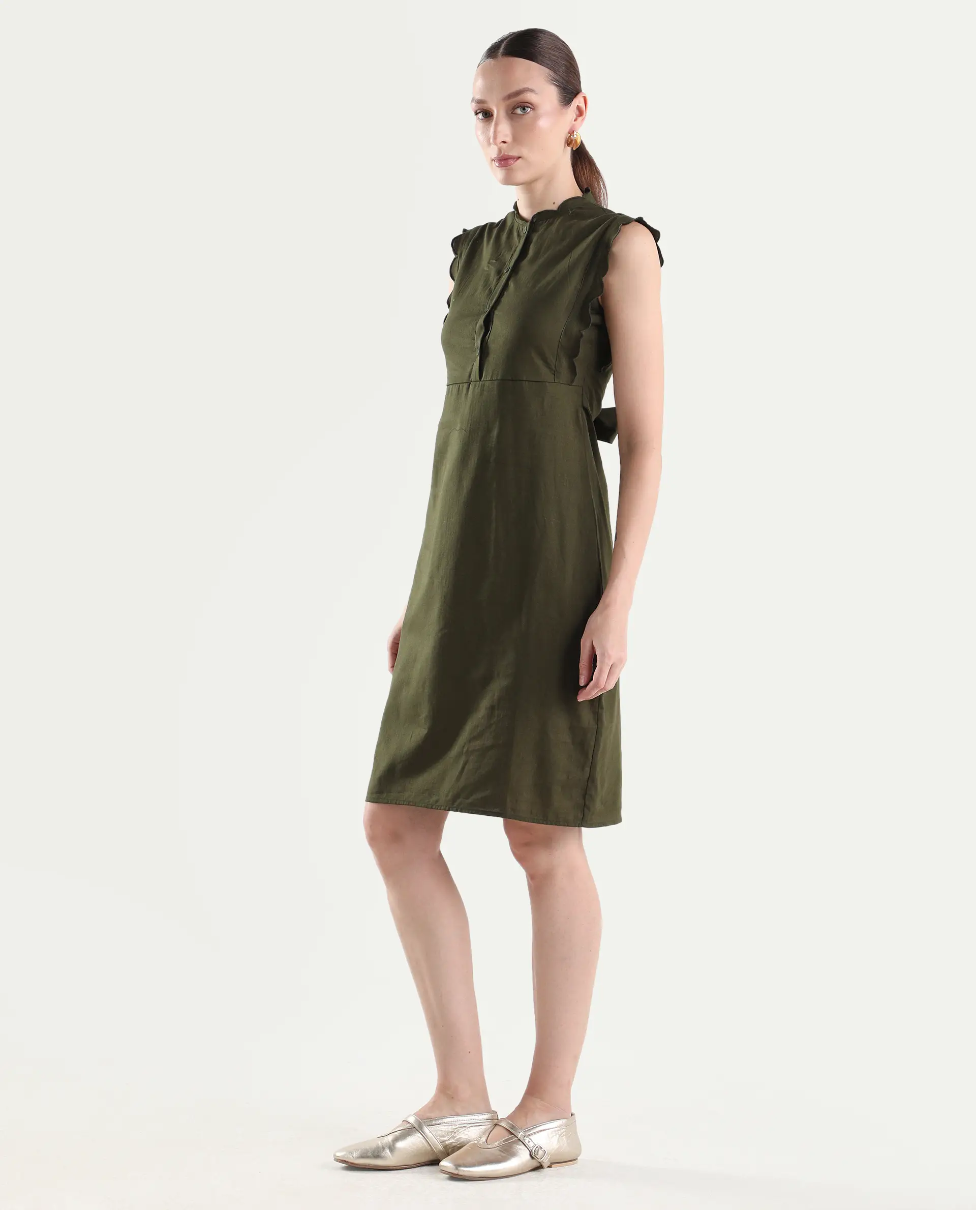 Rareism Women's Adara Olive Cotton Sleeveless A-Line Plain Dress - Image 7