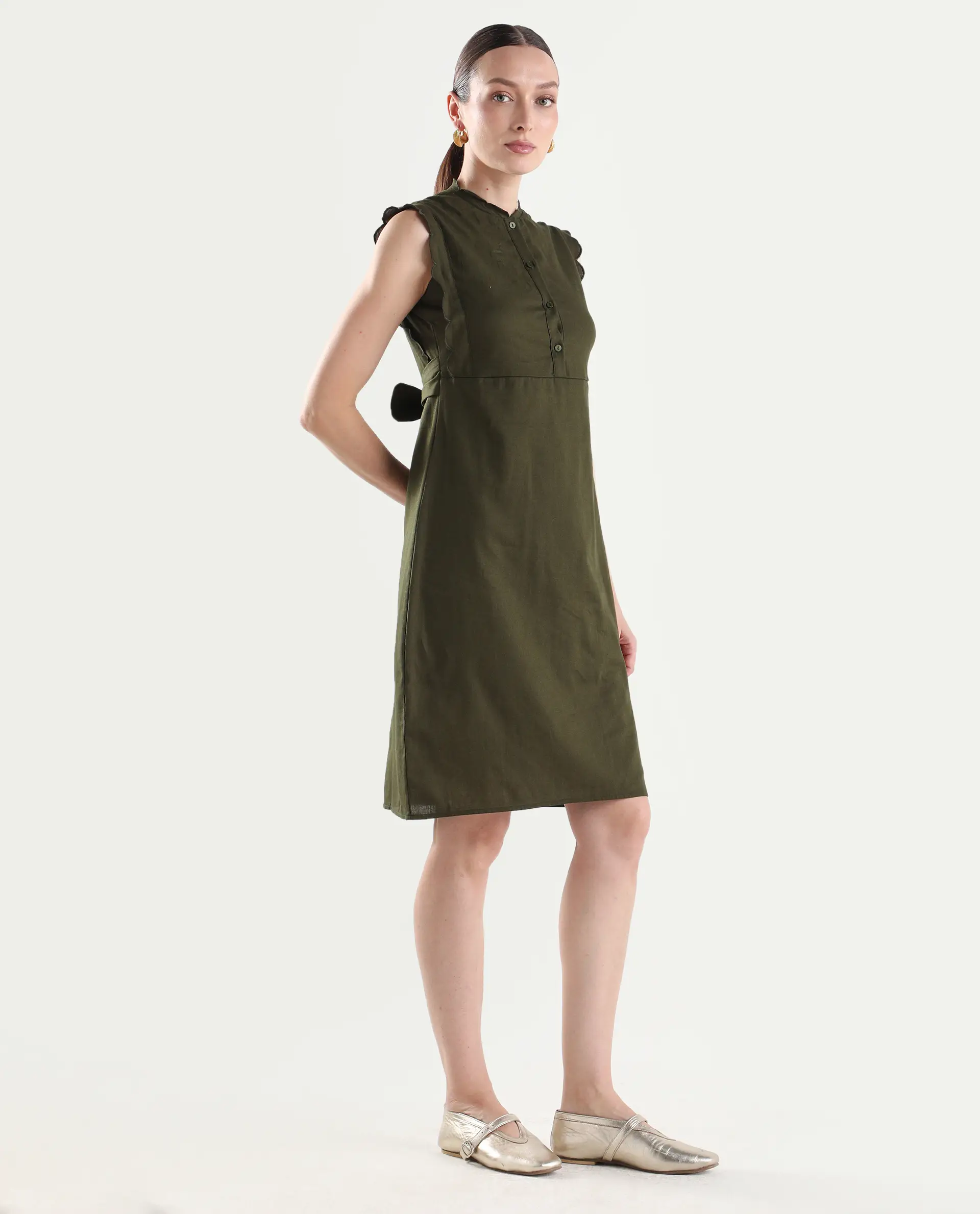 Rareism Women's Adara Olive Cotton Sleeveless A-Line Plain Dress - Image 8