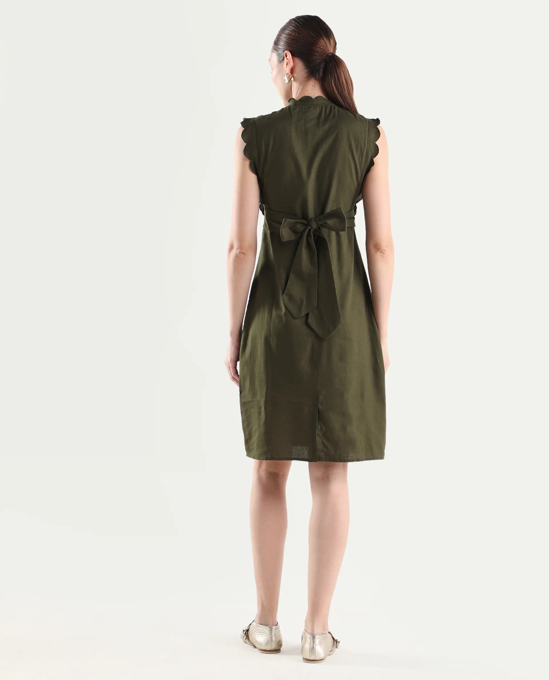 Rareism Women's Adara Olive Cotton Sleeveless A-Line Plain Dress - Image 9