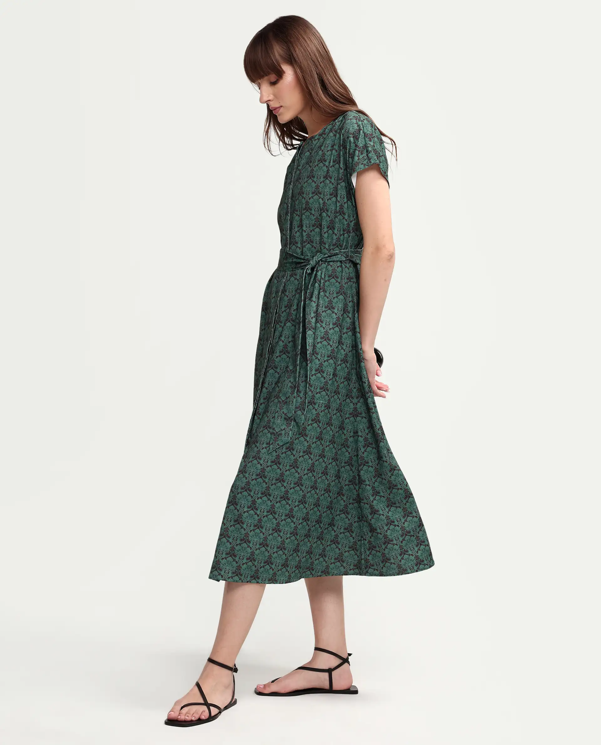 Rareism Women's Addani Dark Green Polyester Fabric Half Sleeve Crew Neck A-Line Floral Print Dress - Image 2