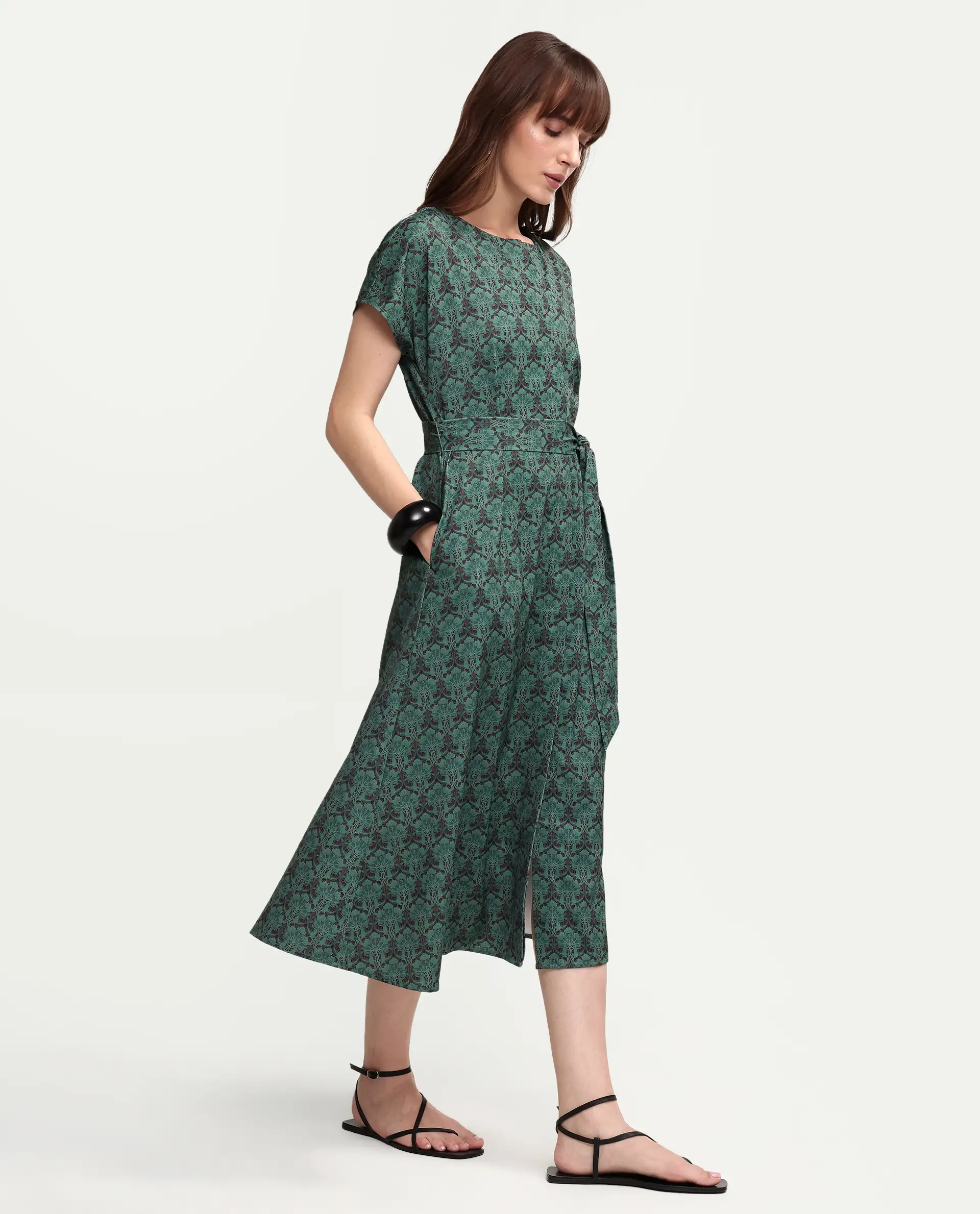 Rareism Women's Addani Dark Green Polyester Fabric Half Sleeve Crew Neck A-Line Floral Print Dress - Image 3