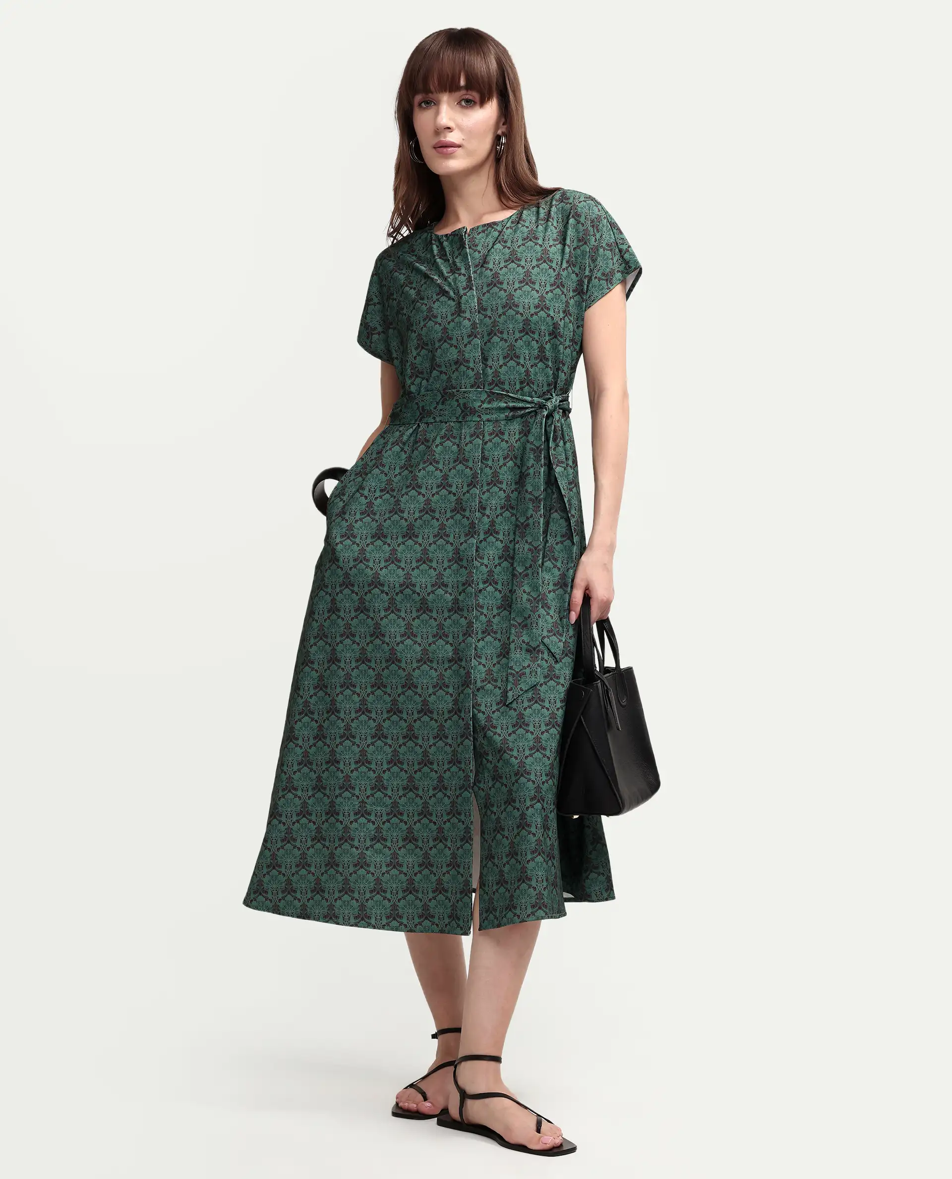 Rareism Women's Addani Dark Green Polyester Fabric Half Sleeve Crew Neck A-Line Floral Print Dress - Image 5